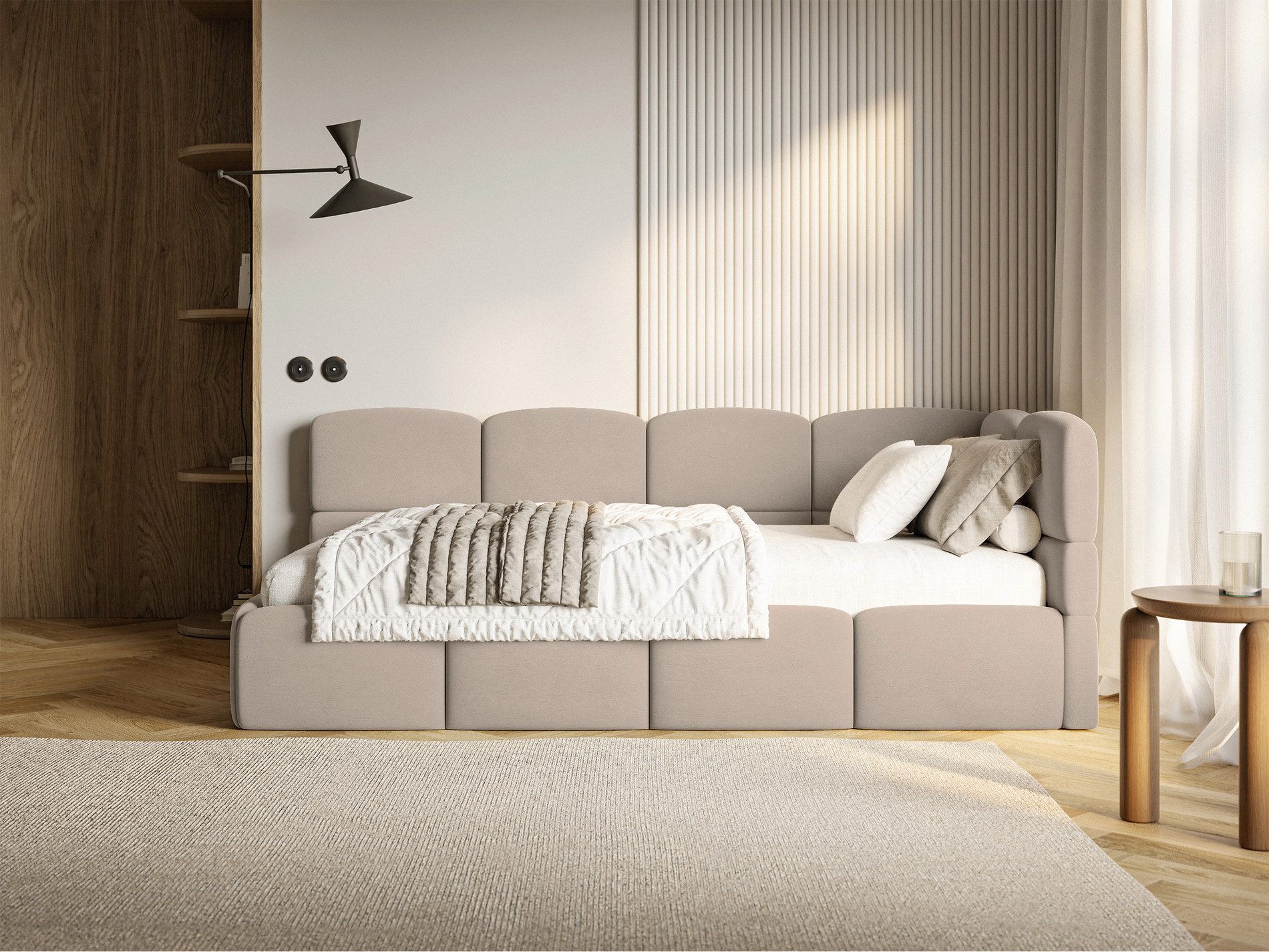 Selsey Jugendbett CLOUDY, mit Eck-Kopfteil, Lattenrost, Bettkasten und Easy-Clean-Samt, 90 cm