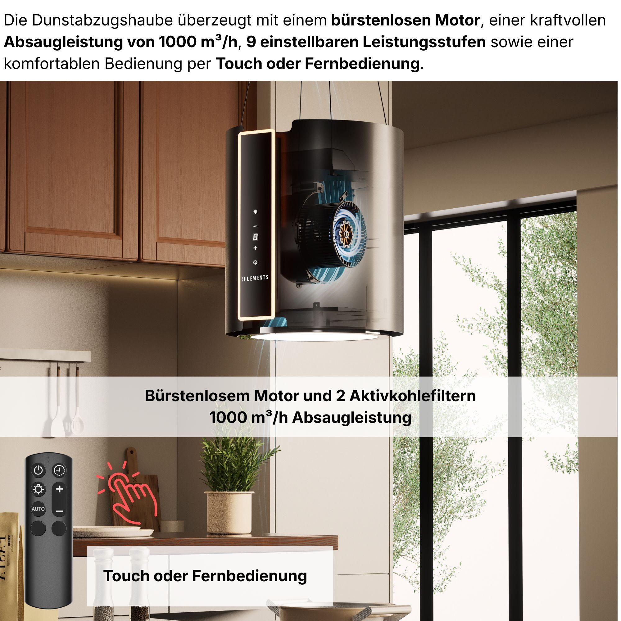 KB Elements Inselhaube mit Fernbedienung, 1000 m³/h mit Fernbedienung, 1000 m³/h, Fernbedienung, 1000 m³/h Saugleistung