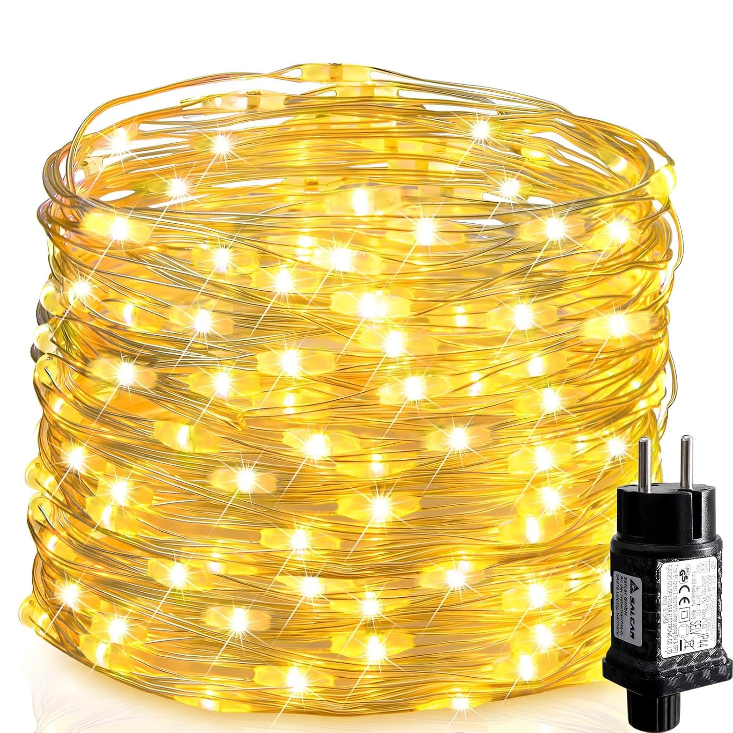 Salcar Lichterkette LED Kupfer Lichterkette Weihnachtsbeleuchtung für Innen & Außen Deko, 10m Silberfarbener-Kupferdraht, Warmweiß