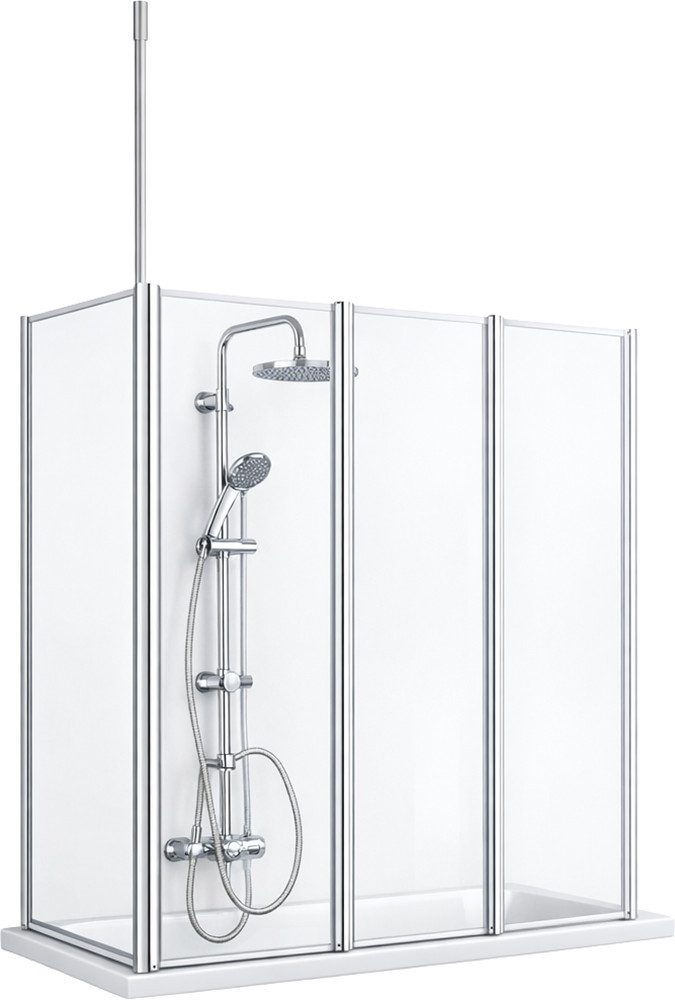 welltime Badewannenaufsatz Summer 3-teilig + feste Seitewand, Einscheibensicherheitsglas, (4 tlg), Deckenhöhe bis 240cm geeignet, Glaswand bestehend aus vier Elementen