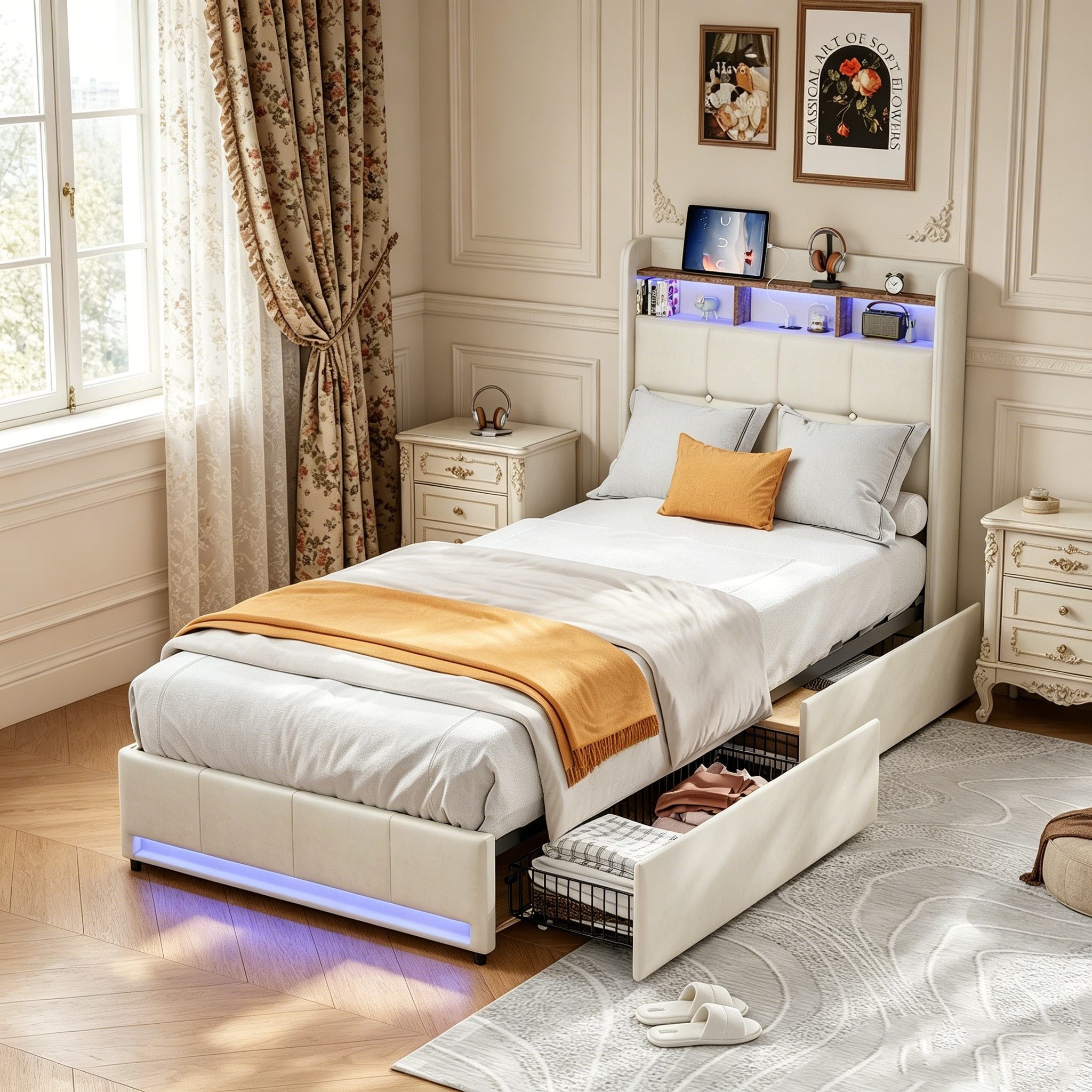 Simurq Einzelbett Polsterbett 90x200 mit 2 Schubladen, Jugendbett, Gästebett, Multifunktionsbett, Mit Lattenrost, USB Port & LED, Leinen