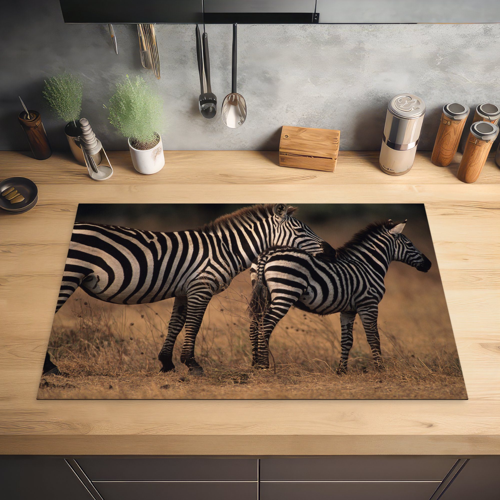 MuchoWow Herdblende-/Abdeckplatte Zebras tlg), 81x52 küche, für der (1 Savanne, Induktionskochfeld Ceranfeldabdeckung in Schutz cm, die Vinyl