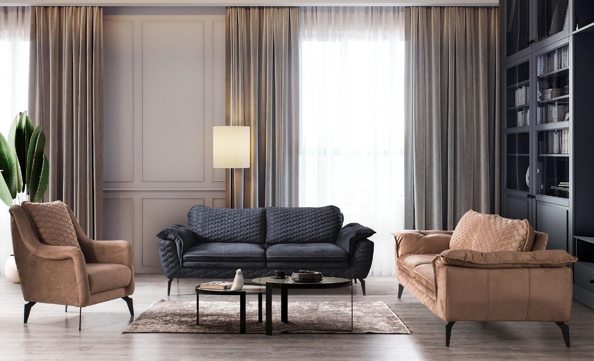 Xlmoebel Polstergarnitur XLMOEBEL Sofagarnitur im italienischen Design, blauer Polyesterstoff, (Sofagarnitur, 3-tlg., 2x 3-Sitzer + Sessel), Made in Europa