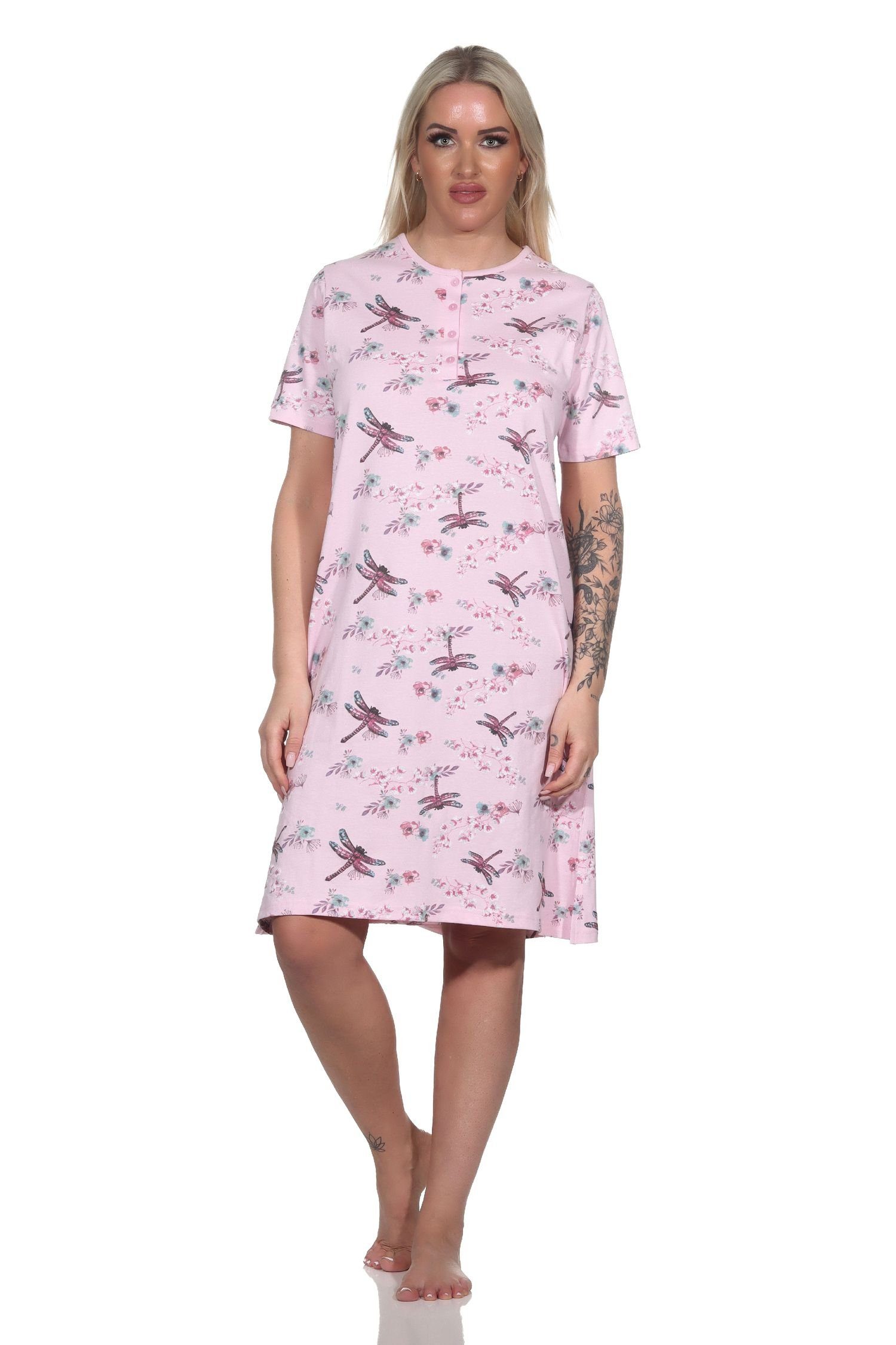 Normann Nachthemd Damen kurzarm und rosa floraler Hals Nachthemd Alloverprint am Knopfleiste