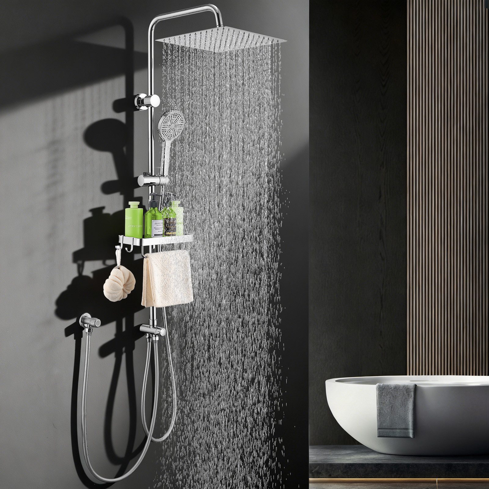 HOMELODY Duschsystem mit 30 cm SUS304 Regendusche und Duschablage, 5 Strahlarten Handbrause, höhenverstellbar, ohne Neubohren, Chrom