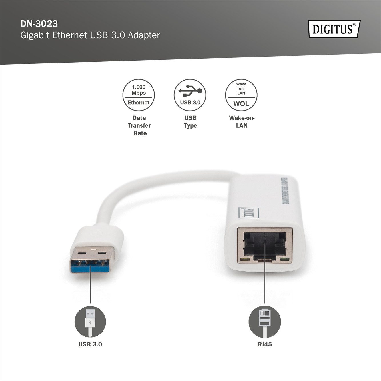 Digitus Gigabit Ethernet USB-3.0-Adapter Netzwerk-Adapter zu RJ-45 (Ethernet), 15 cm