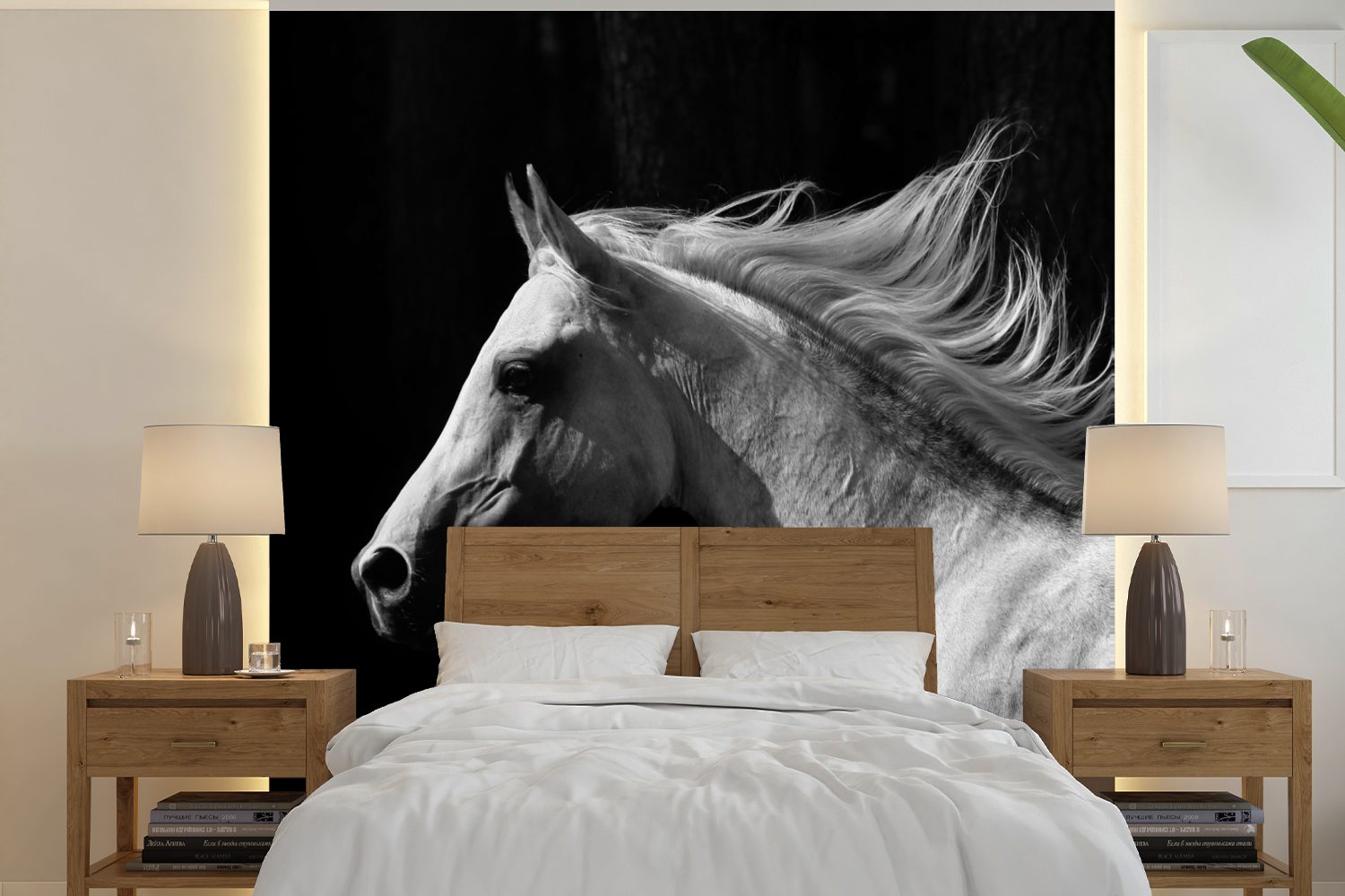 MuchoWow Fototapete Pferd - Weiß Schwarz, Matt, bedruckt, Tapete - Vinyl (5 St), Schlafzimmer, oder Wandtapete für Wohnzimmer