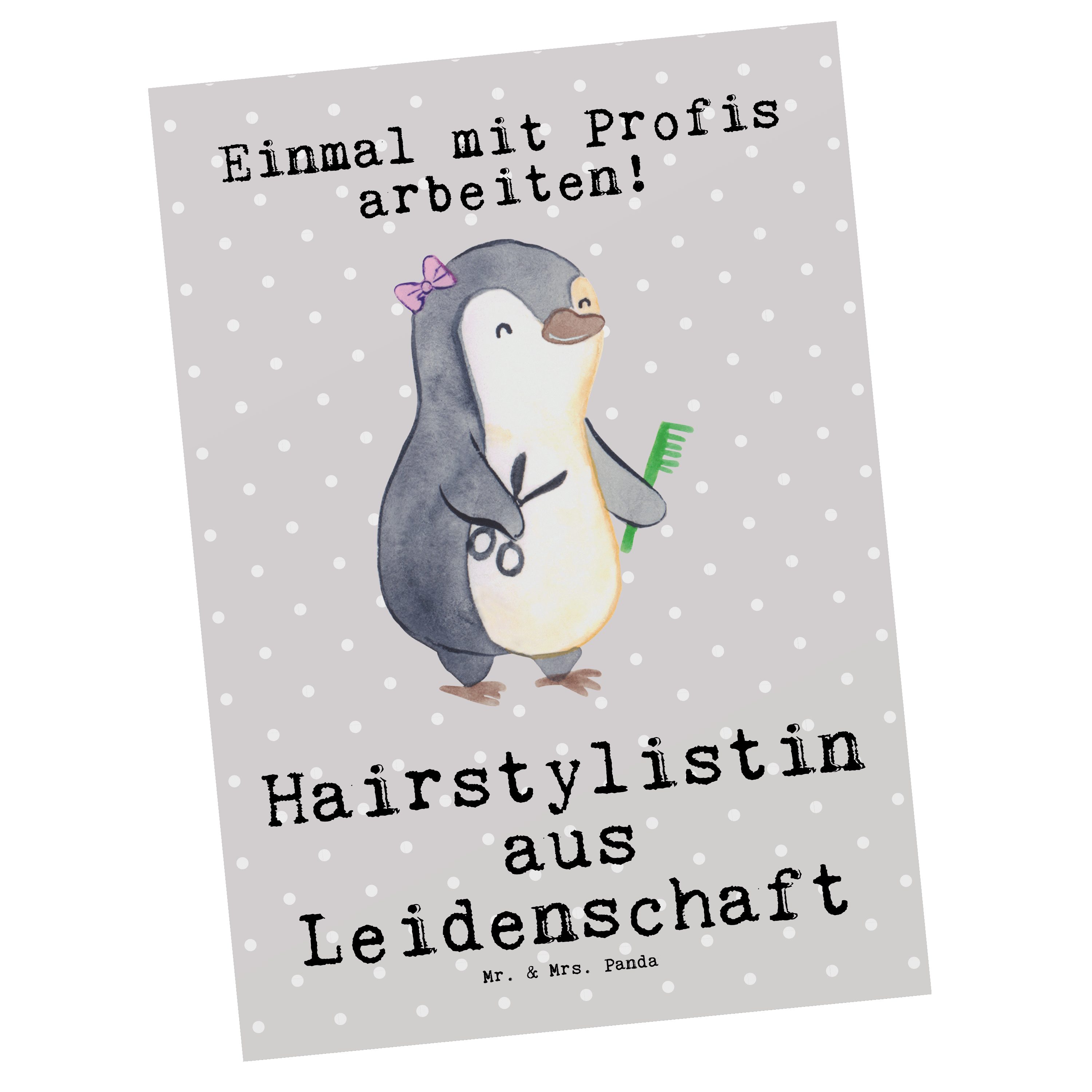Mr. & Mrs. Panda Postkarte Hairstylistin Leidenschaft - Grau Pastell - Geschenk, Einladung, Fris, Matt Rückseite