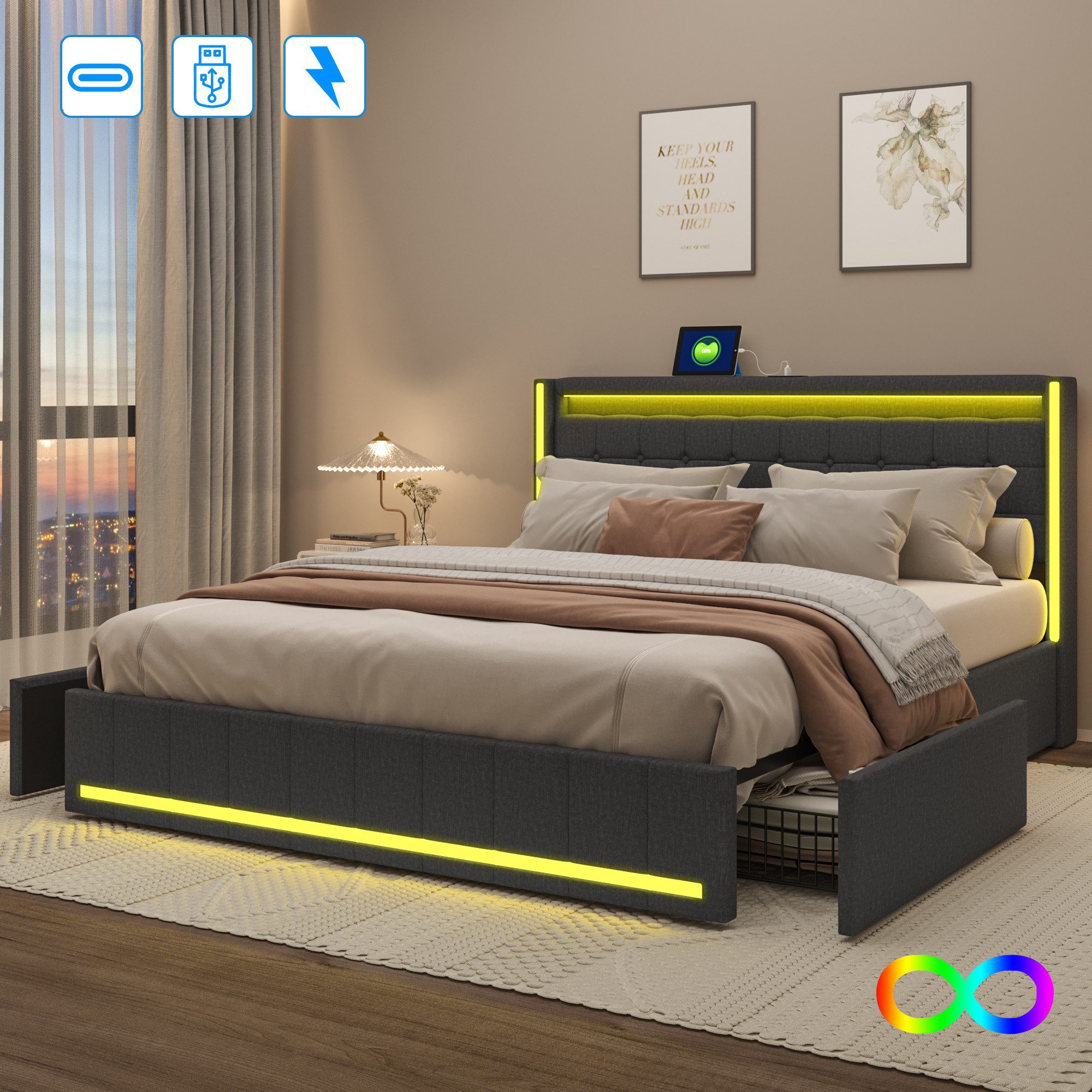 PXloue Polsterbett LED Doppelbett 140x200 cm (Inklusive USB-Typ-C-Ladeansch günstig online kaufen