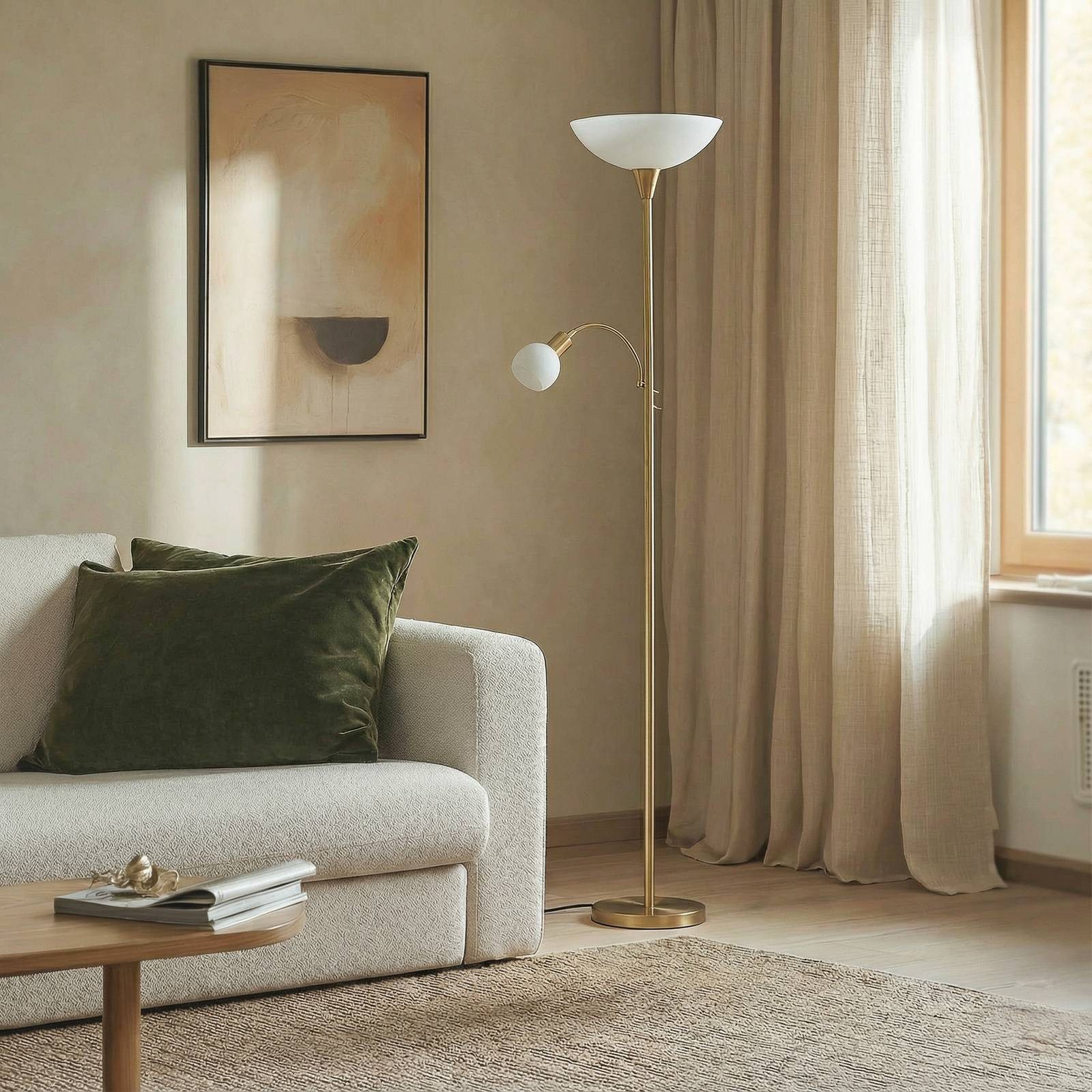 Lindby Stehlampe Elaina, Metall, Gold / Messing IP20, 1 x 15 W LED E27 + 1 x 8 W LED E14