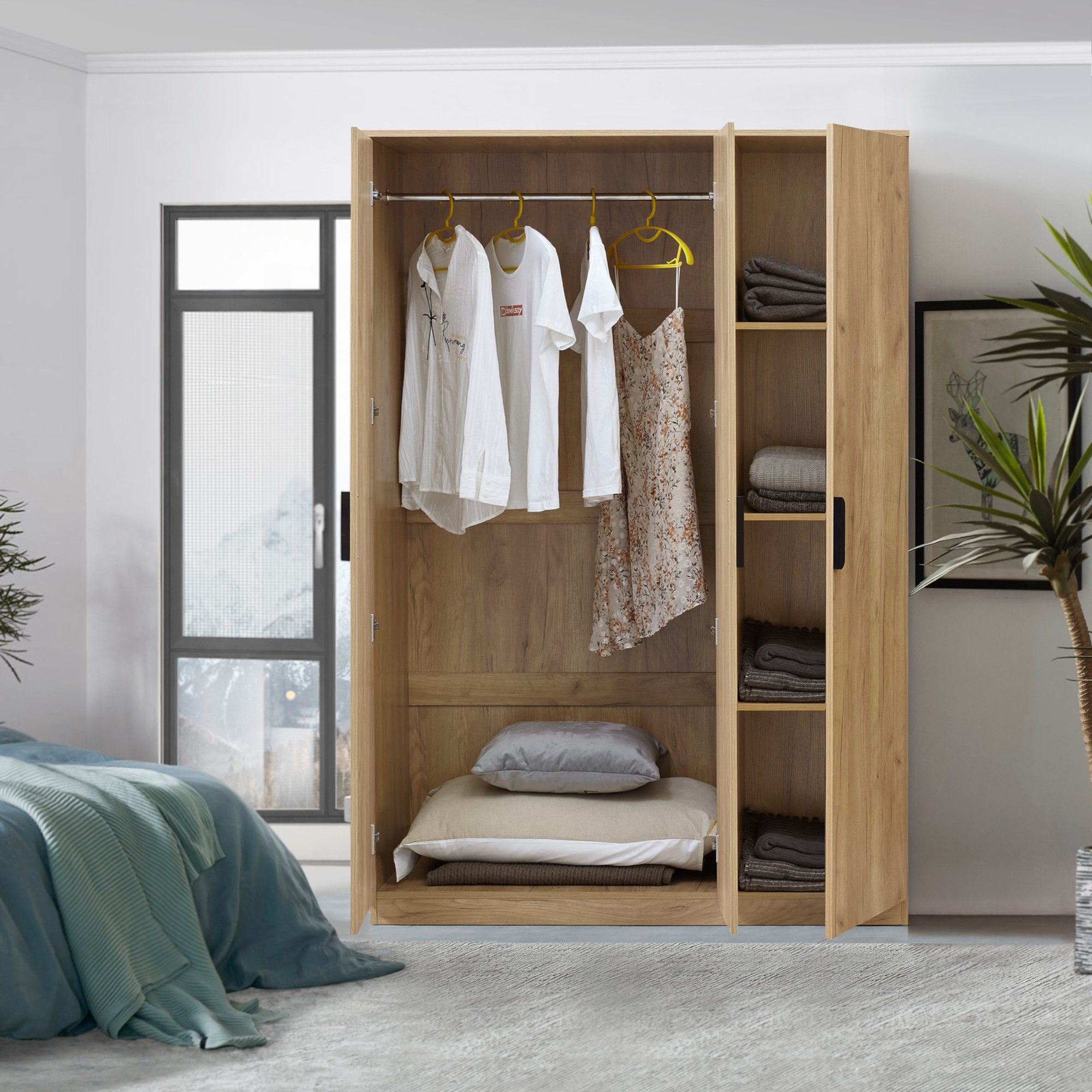 en.casa Kleiderschrank »Eiselfing« 3 Türen, 1 Stange, 4 Fächer 176x120x52 c günstig online kaufen