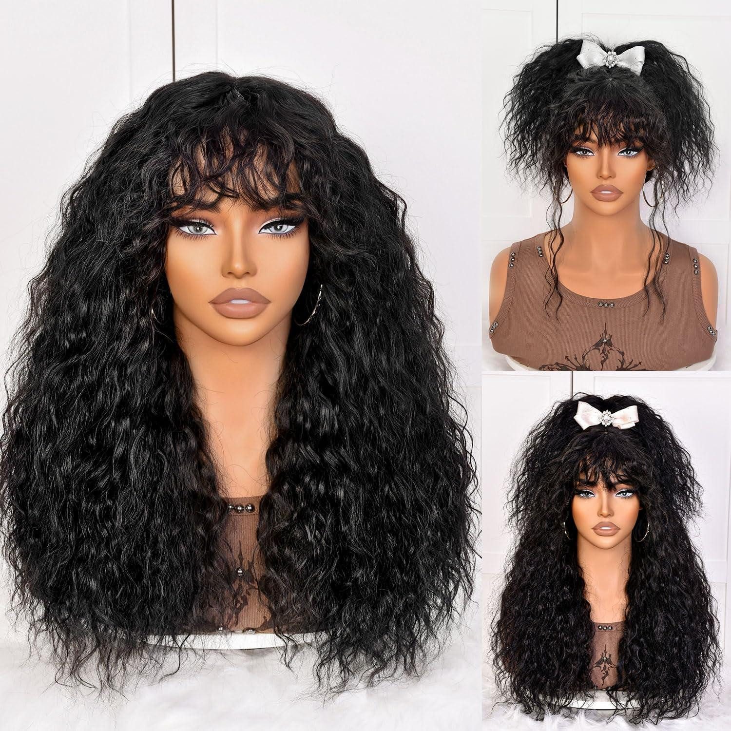 LuxusKollektion Echthaarperücke Perücke Locken Pony Echthaar Klebstofffrei Haaransatz Alltag schwarz
