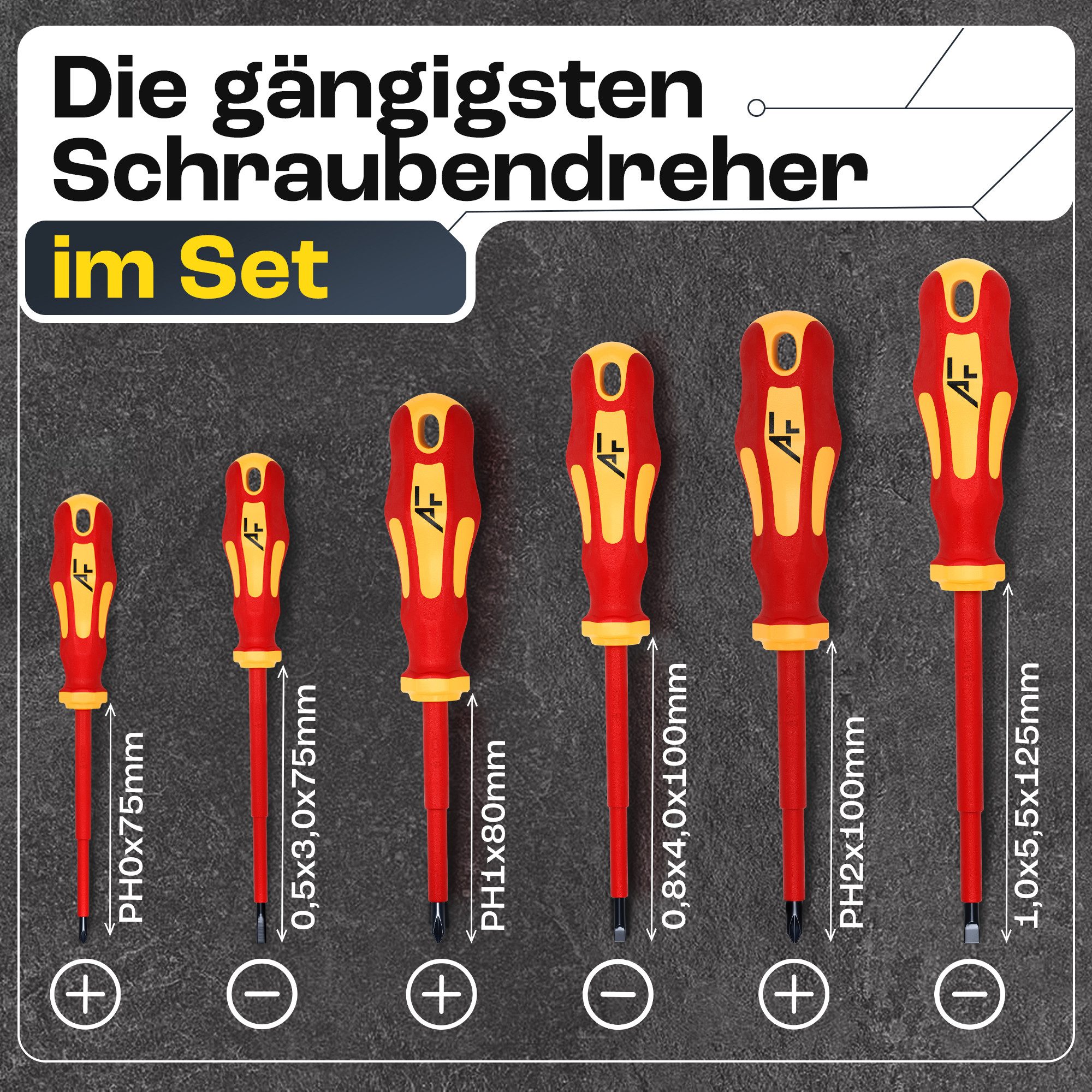 Afeld Elektro Schraubendreher VDE Elektriker 6er Set, (6 St), bis 1.000V, S2-Stahl, Ergonomisch, Magnetisch, 2-Komponenten-Griff