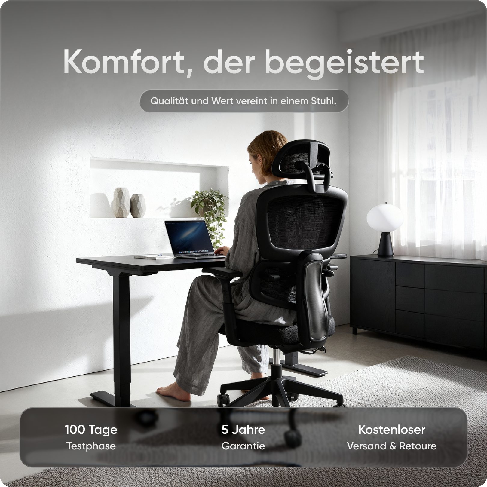 DESKSPACE Bürostuhl Move Ergonomischer Bürostuhl 3-stufige Neigung Schreibtischstuhl 150kg, Intelligente Lordosenstütze zur automatischen Rückenunterstützung