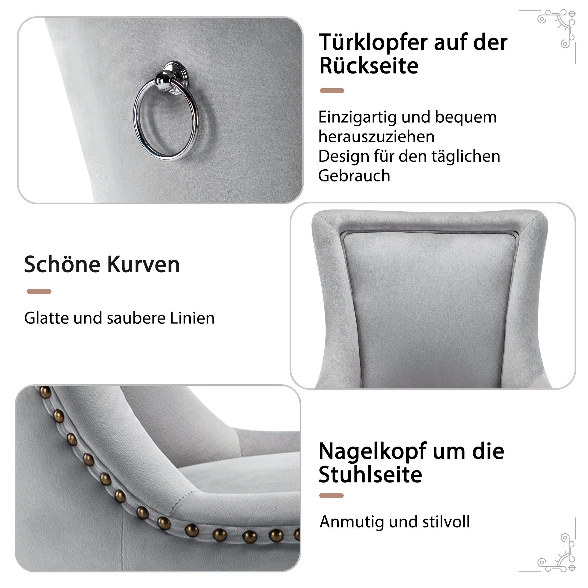 (2 Nagelkopfbesatz Grau | Esszimmerstuhl mit Samt | St) Ulife Vintage Polsterstuhl Grau Grau luxuriös