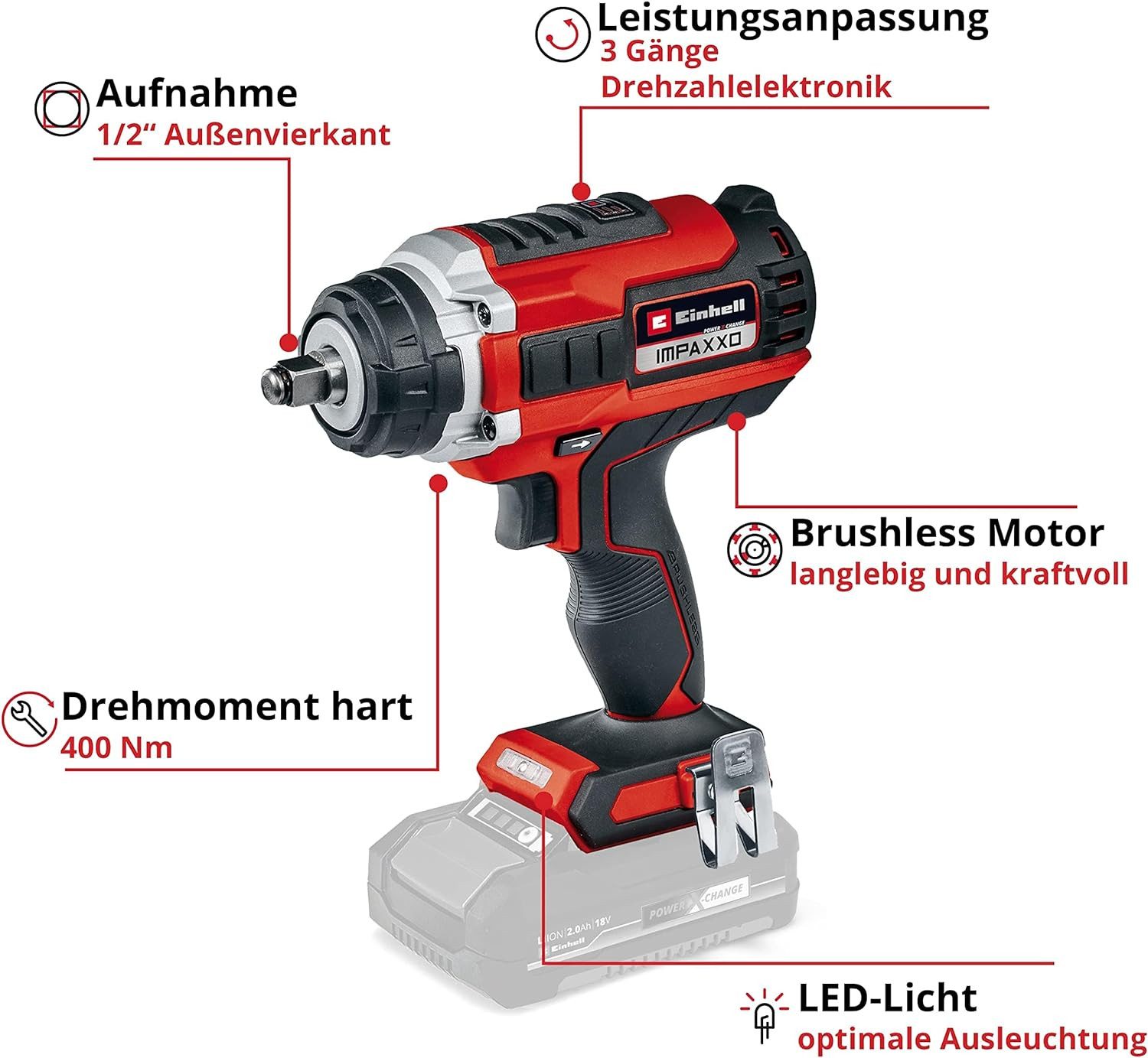 Einhell Akku-Schlagschrauber Schlagschrauber IMPAXXO 18/400 Akku 4.0 Ah 18V -Koffer 3-Gang, BL