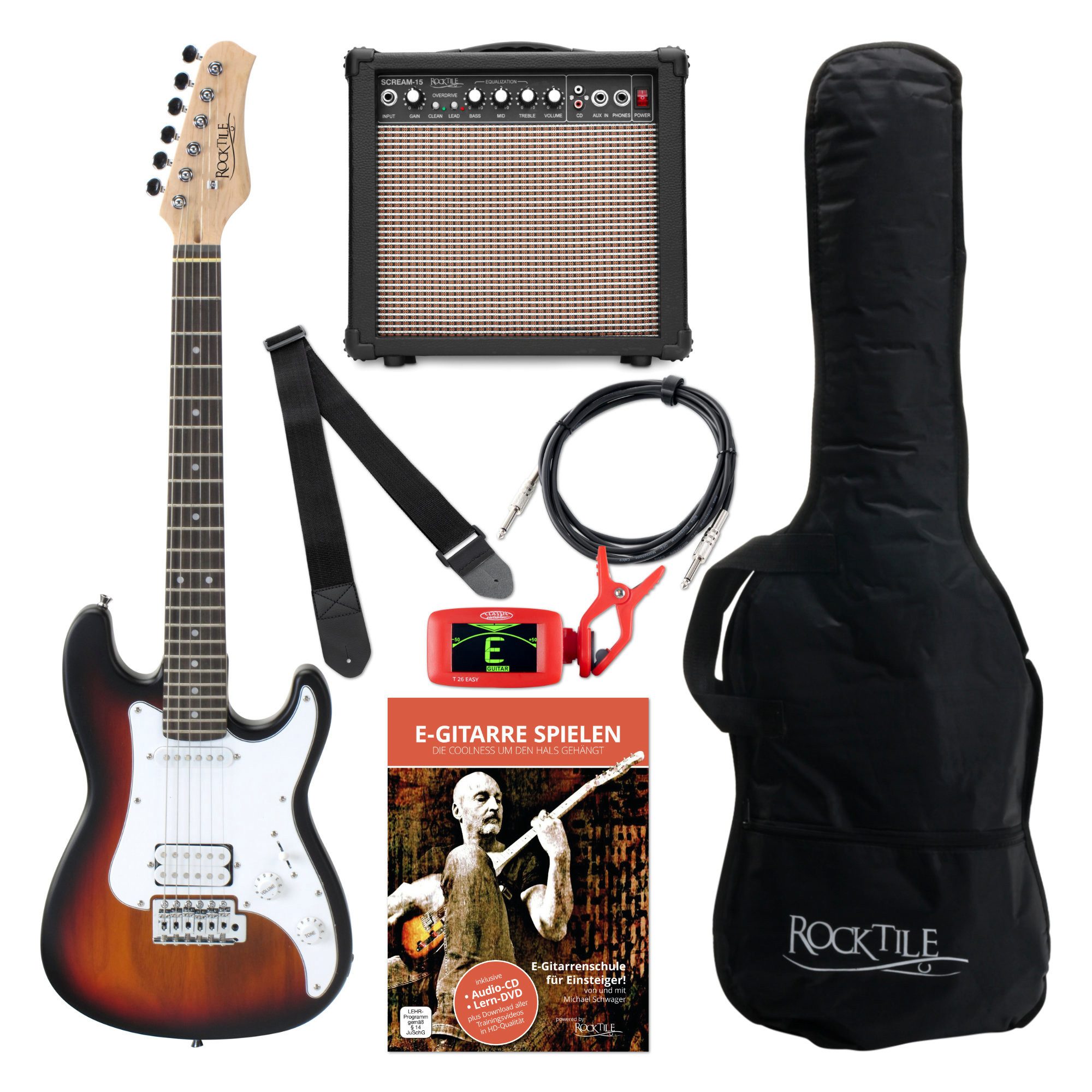 Rocktile E-Gitarre Sphere Junior elektrische Gitarre für Kinder, inkl. Verstärker, Kabel, Gurt und Schule mit CD/DVD