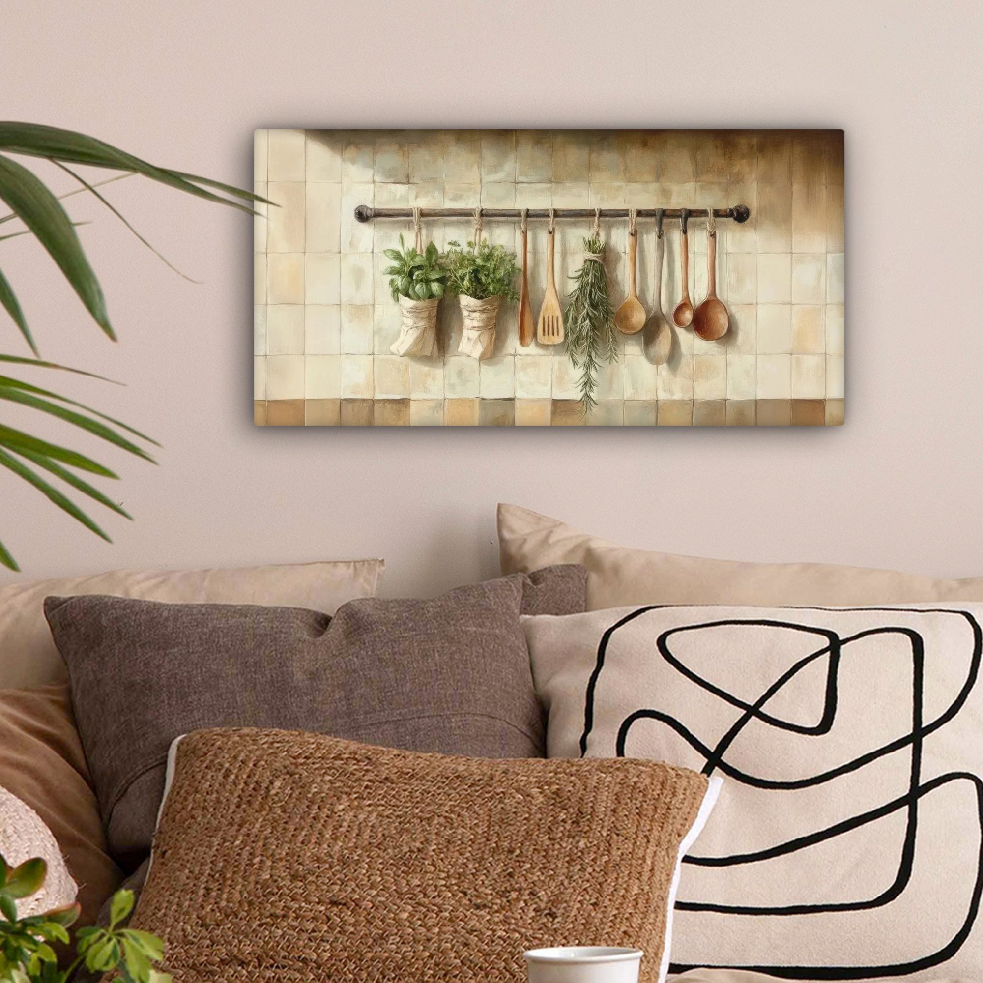 OneMillionCanvasses® Leinwandbild Panorama Holz - Küchengeräte günstig online kaufen