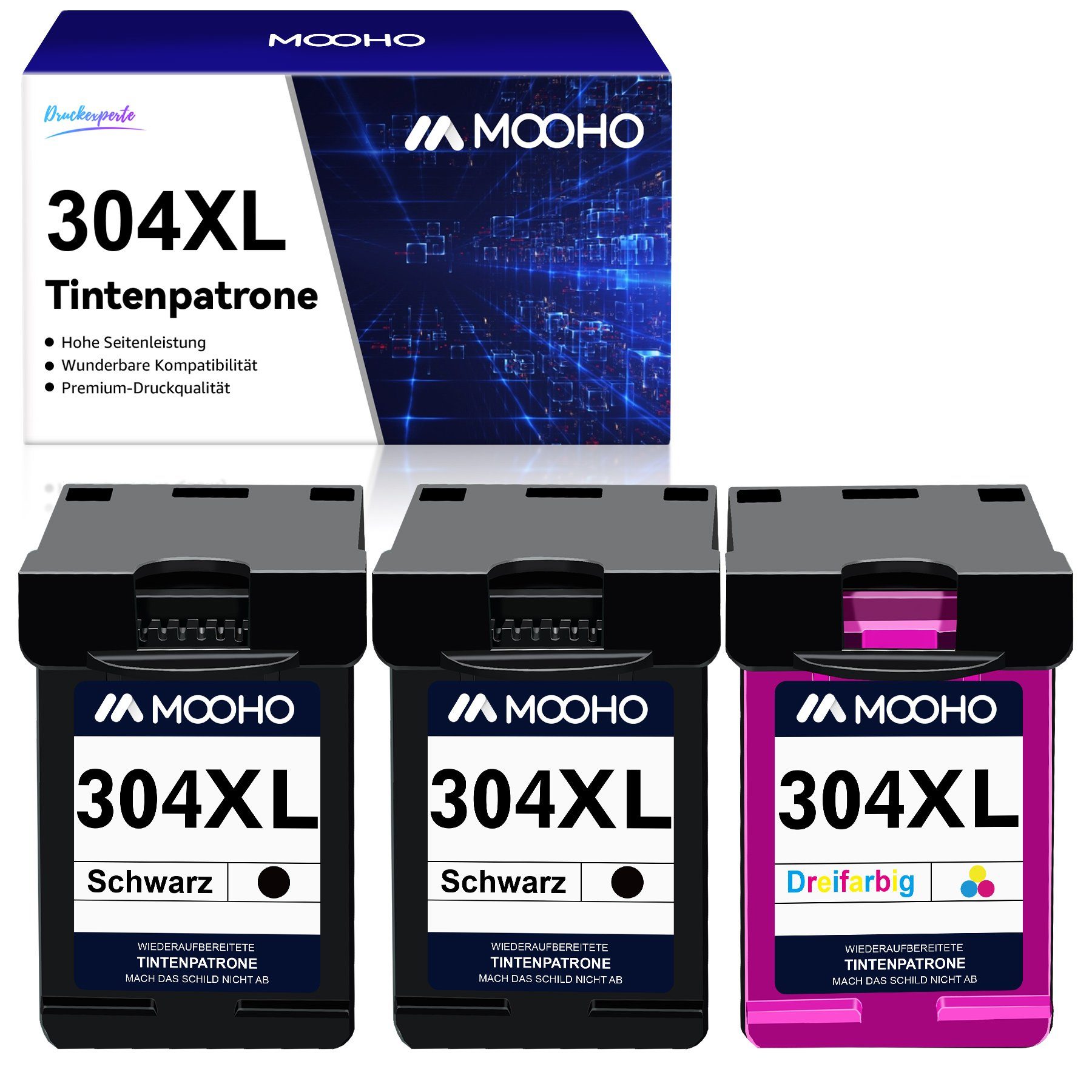 MOOHO für HP 304 Envy Tintenpatrone Multipack 3er-pack) ersetzt 304XL 5020 5010 2*Schwarz+1*Dreifarbig(