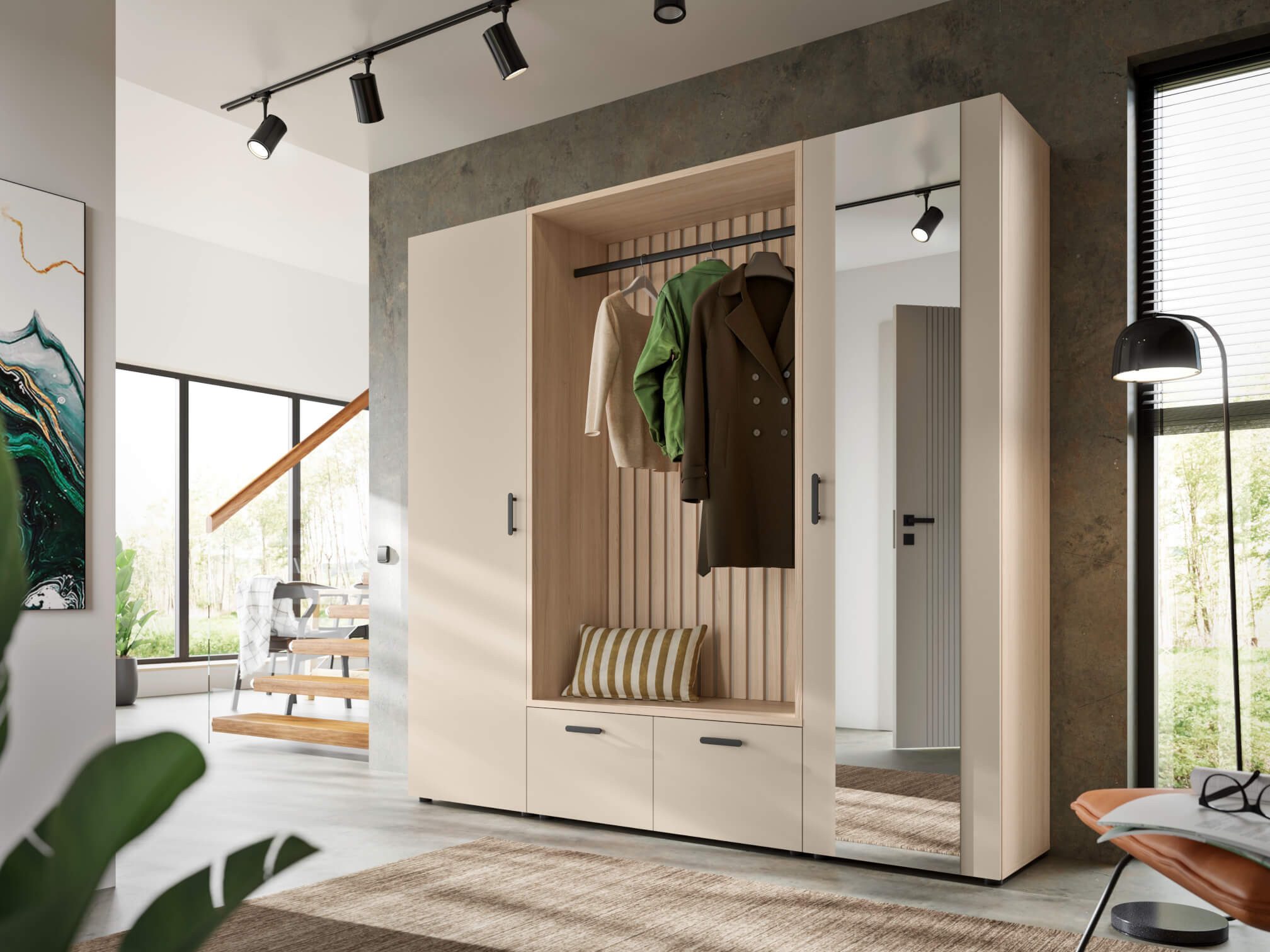 moebel-dich-auf Kompaktgarderobe MODENA (Set, 3-tlg., Sitzbank mit Paneel und 2 Garderobenschränken) 210 cm breit