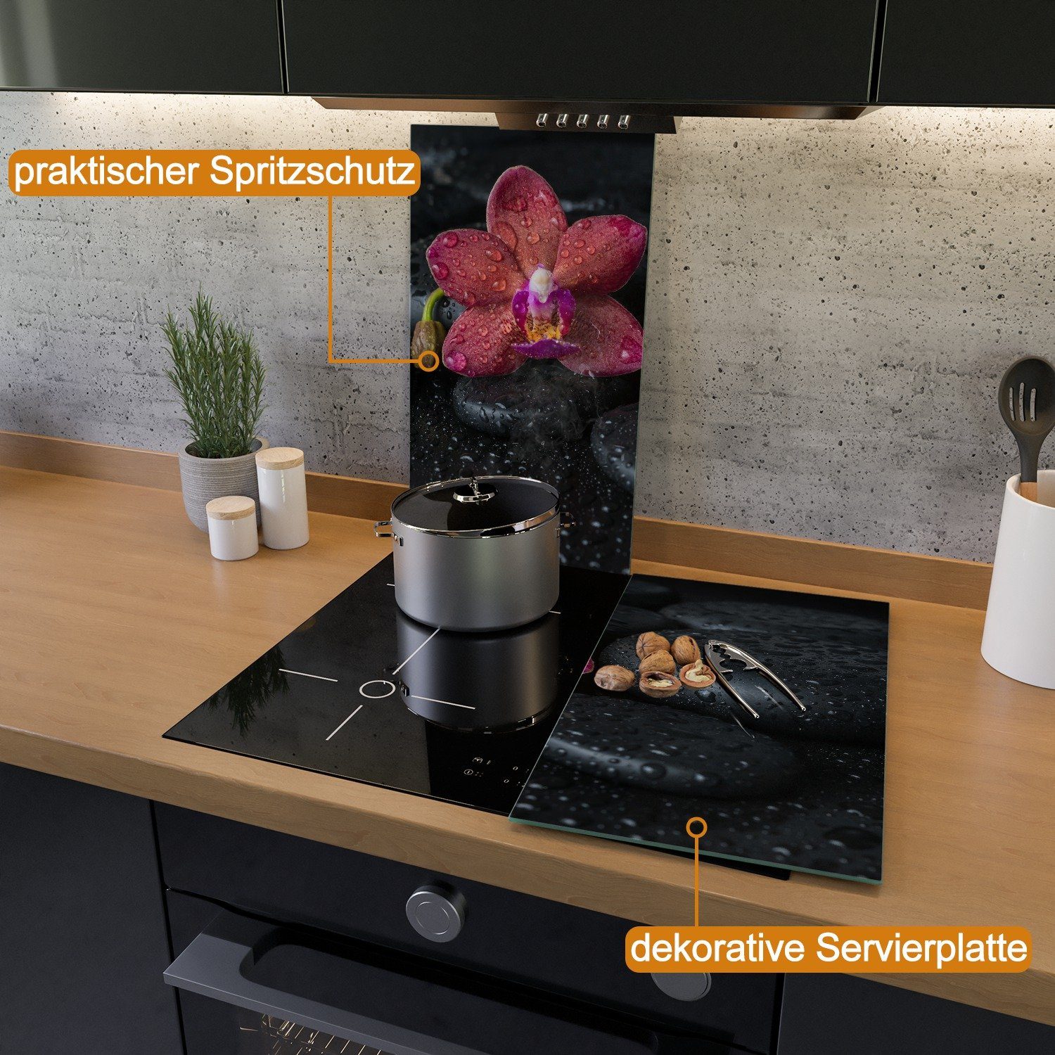 Orchideen-Blüte schwarzen Steinen, ESG-Sicherheitsglas, Herd-Abdeckplatte Wasser-Tropfen, tlg., verschiedene 5mm Größen mit 2 Wallario Noppen), (Glasplatte, benetzt inkl. auf