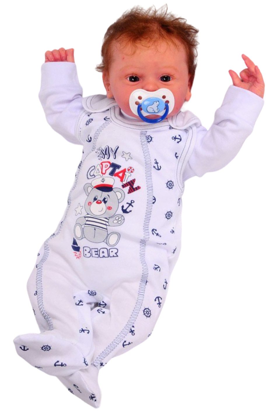 Strampler Stramplerhose Hemdchen Baby Anzug in Weiß mit Ankermuster und Bären