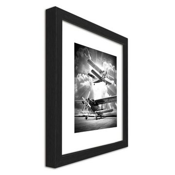 artissimo Bild mit Rahmen Bild gerahmt 30x30cm / Design-Poster inkl. Holz-Rahmen / Wandbild, Schwarz-Weiß Zeichnung: Flugzeuge III