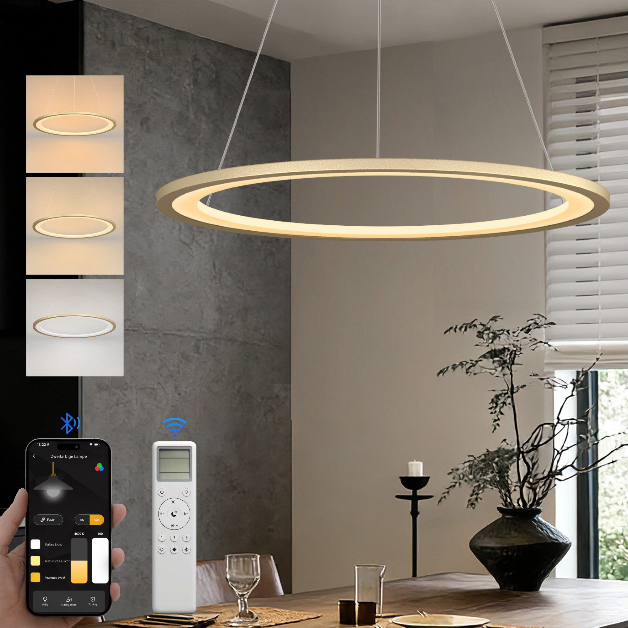 doporro Pendelleuchte Pendellampe Hängeleuchte höhenverstellbar stufenlos dimmbar Luvina01, Farbtemperatur von 3000–6000K einstellbar, LED-Pendellampe