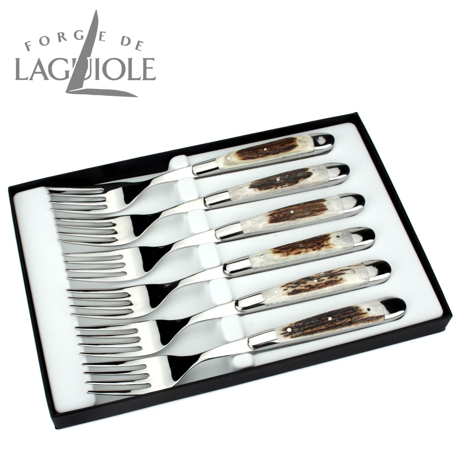 Forge de Laguiole Steakbesteck FE6 2M IN CF BRI, 6 Gabeln - Griff Hirschhorn - Stahl glänzend