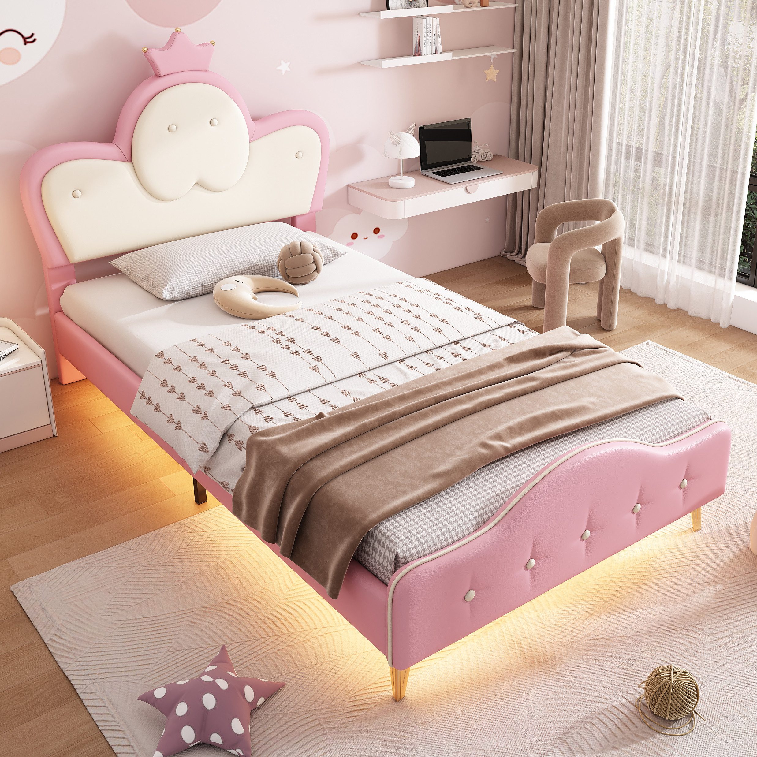 MODFU Prinzessinbett mit LED-Streifen (Kinder Polsterbett, 90x200cm), mit gepolstertem Kopfteil Wellenform, ohne Matratze