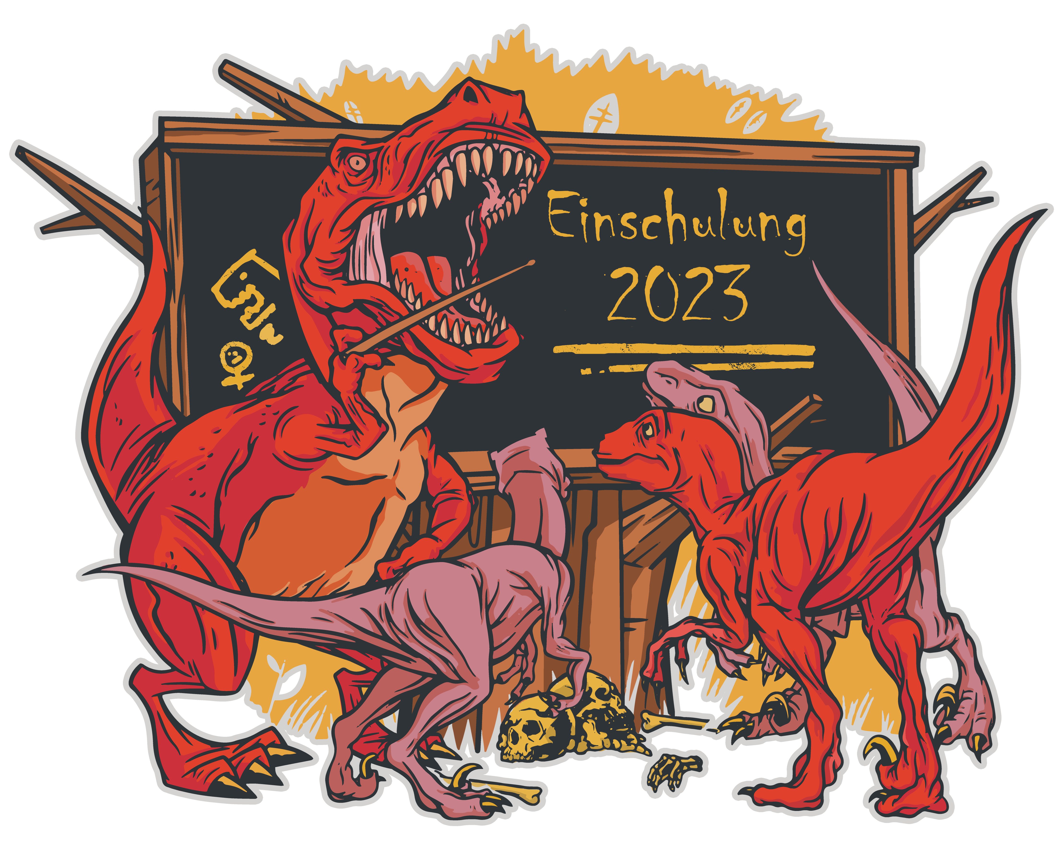 2023, Print-Shirt T-Rex weiß, bedrucktes MyDesign24 T-Shirt Lehrer Baumwollshirt rot, als schwarz, Einschulung Kinder brüllender i38 blau,