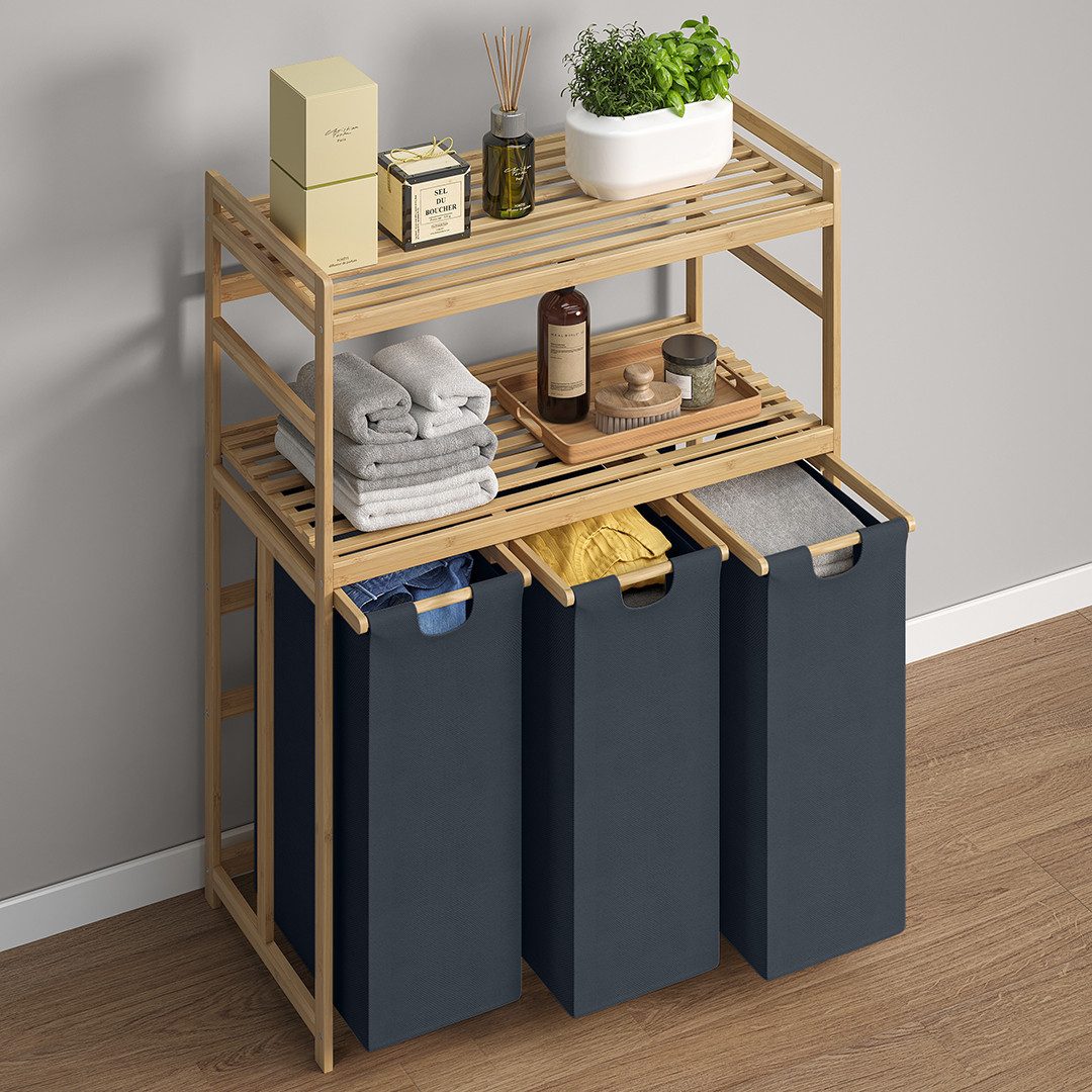 Bellamio Wäschekorb Newa aus Bambus (3 Fächer mit 2 Ablagen, Dunkelgrau), a günstig online kaufen