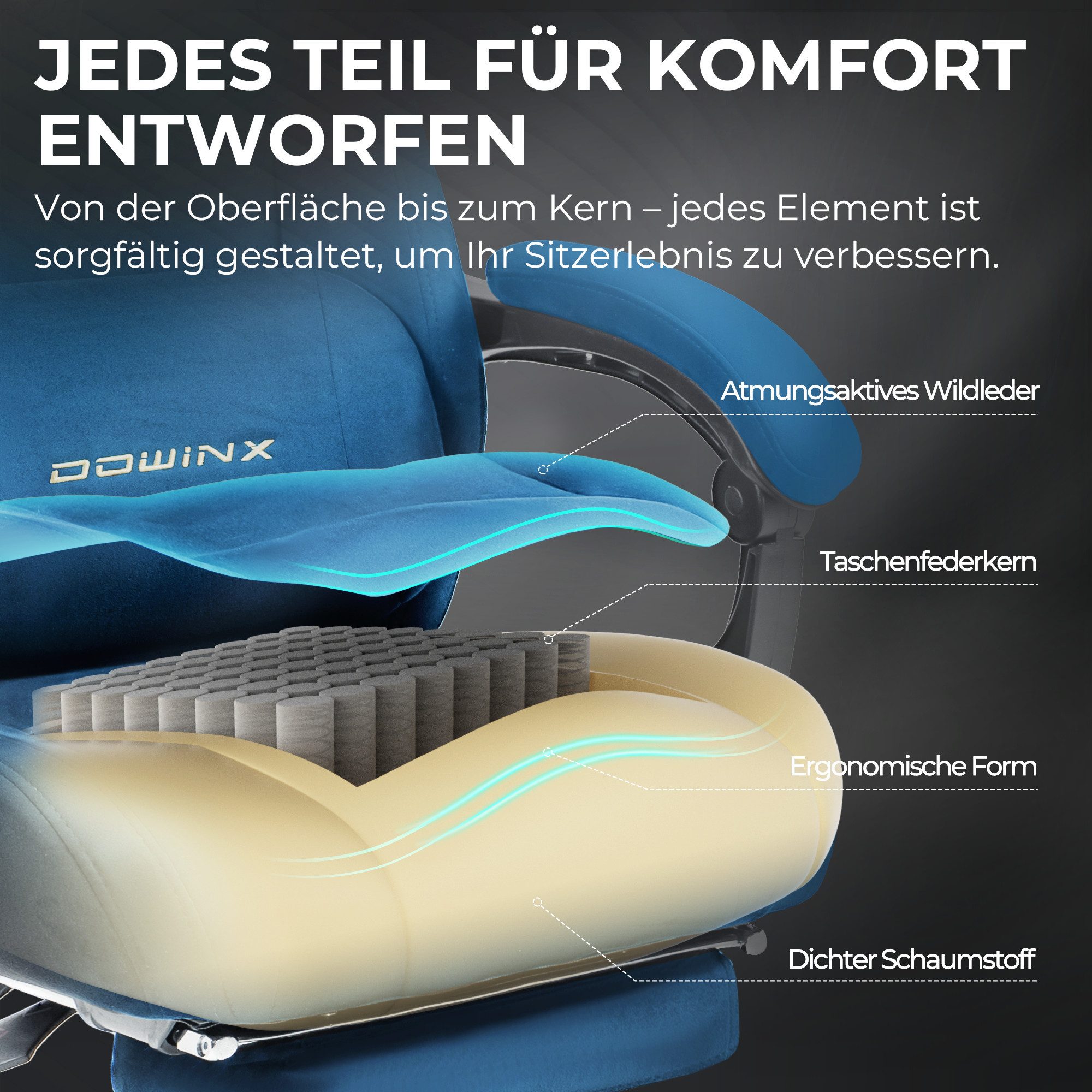 Dowinx Gaming-Stuhl Atmungsaktiver und Ergonomischer Bürostuhl aus Mikrofaser-Velours (Packung), Weiches Sitzgefühl, Verstellbarer Schreibtischstuhl mit Fußstüt – Bild 5 von 5
