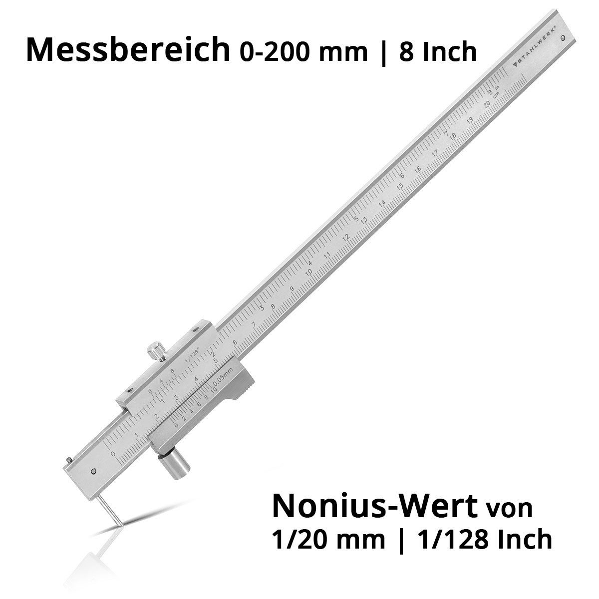 STAHLWERK Messschieber Anreiß-Messschieber Messlehre Schieblehre 0-200 mm DIN 862 mit Nonius, 0, max. 200 mm, Set, Set, Nonius-Wert von 1/20 mm