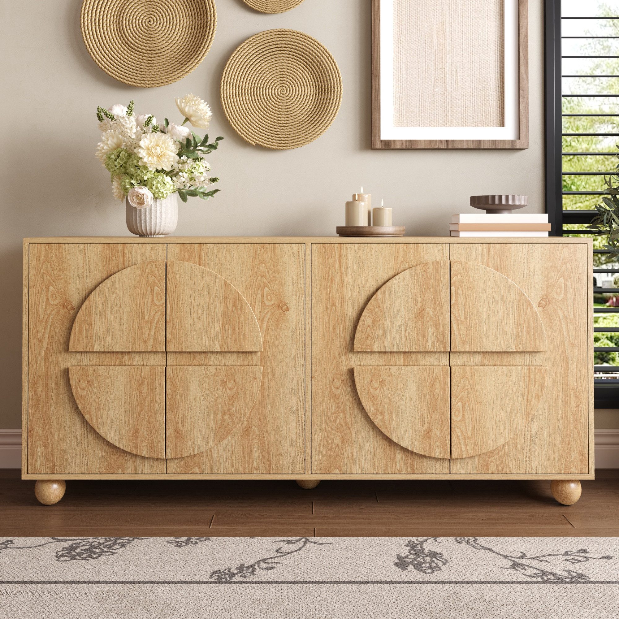 BlingBin Sideboard Staurschrank Wohnzimmerschrank Flurschrank mit 4 Türen, Kreisrelief (2 Packung, 1 St., 4 Türen Aufbewahrungsschrank, verstellbaren Einlegeböden, Kugelfüße), Buffetschrank für Flur Eingangsbereich Wohnzimmer oder Küche