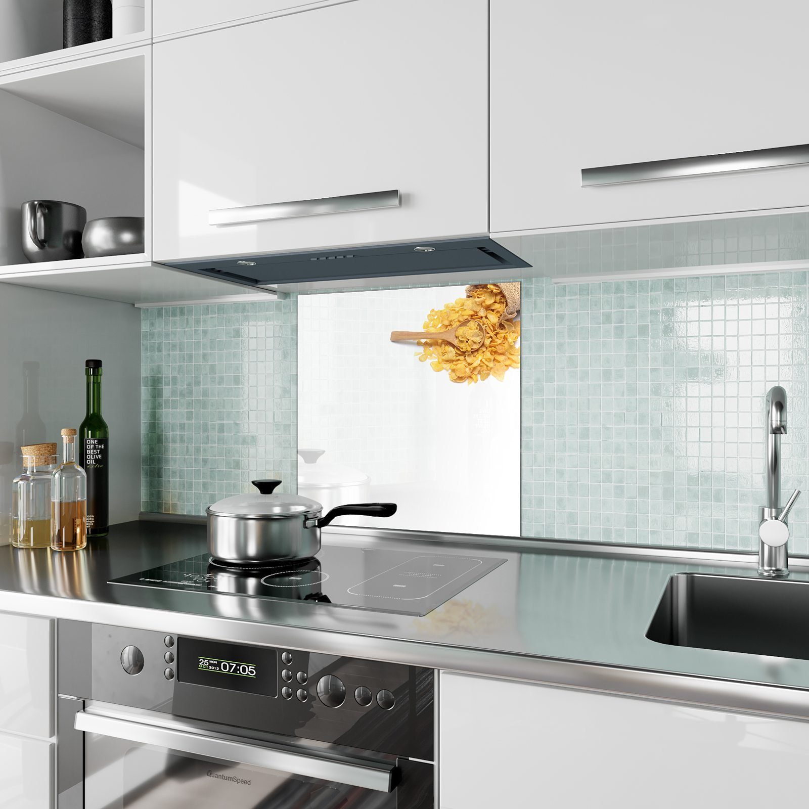Motiv Glas Primedeco mit Küchenrückwand Küchenrückwand Sack fallend Spritzschutz Cerealien aus