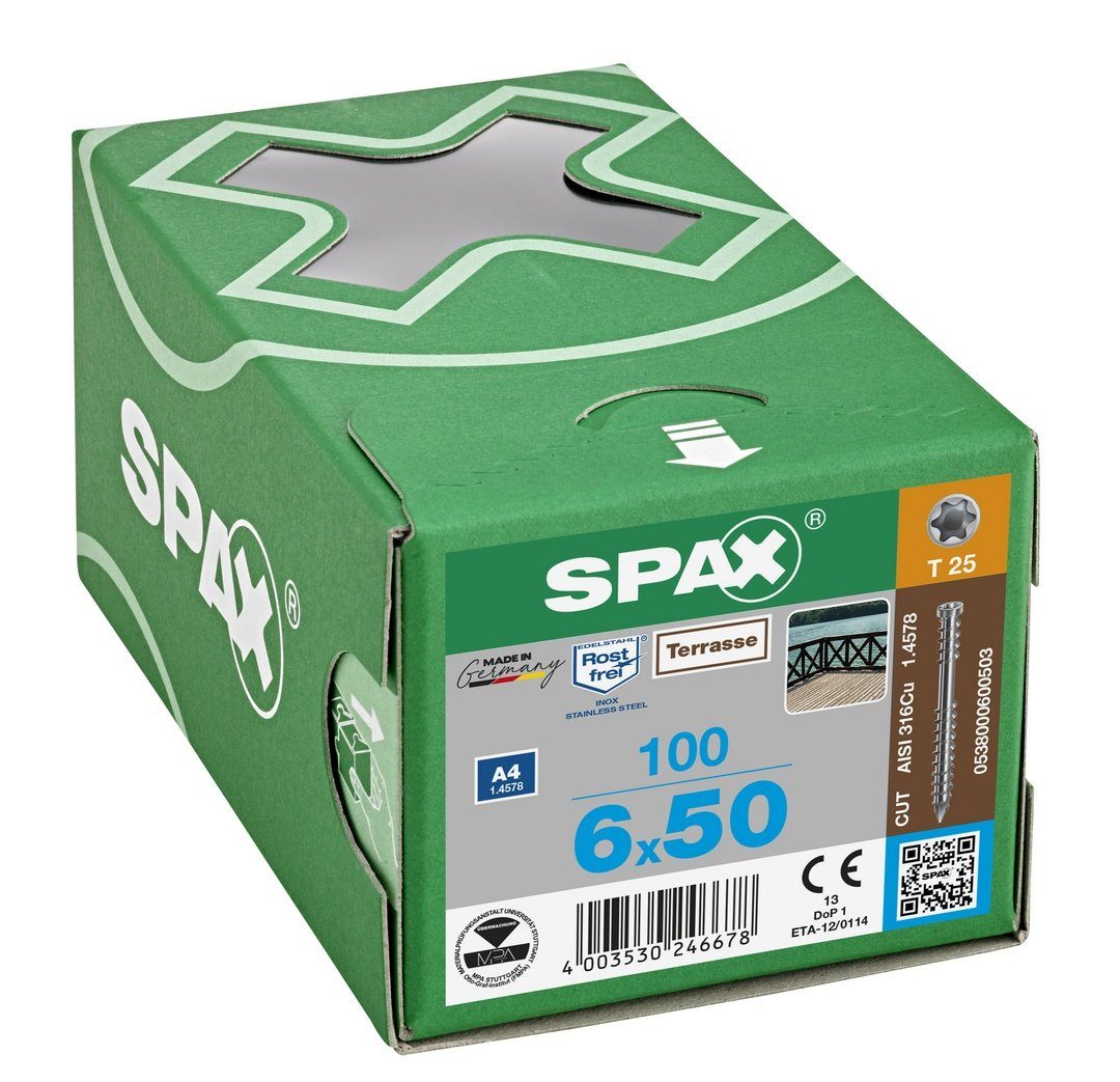 SPAX Spanplattenschraube Terrassenschraube, (Edelstahl 6x50 mm St), A4, 100