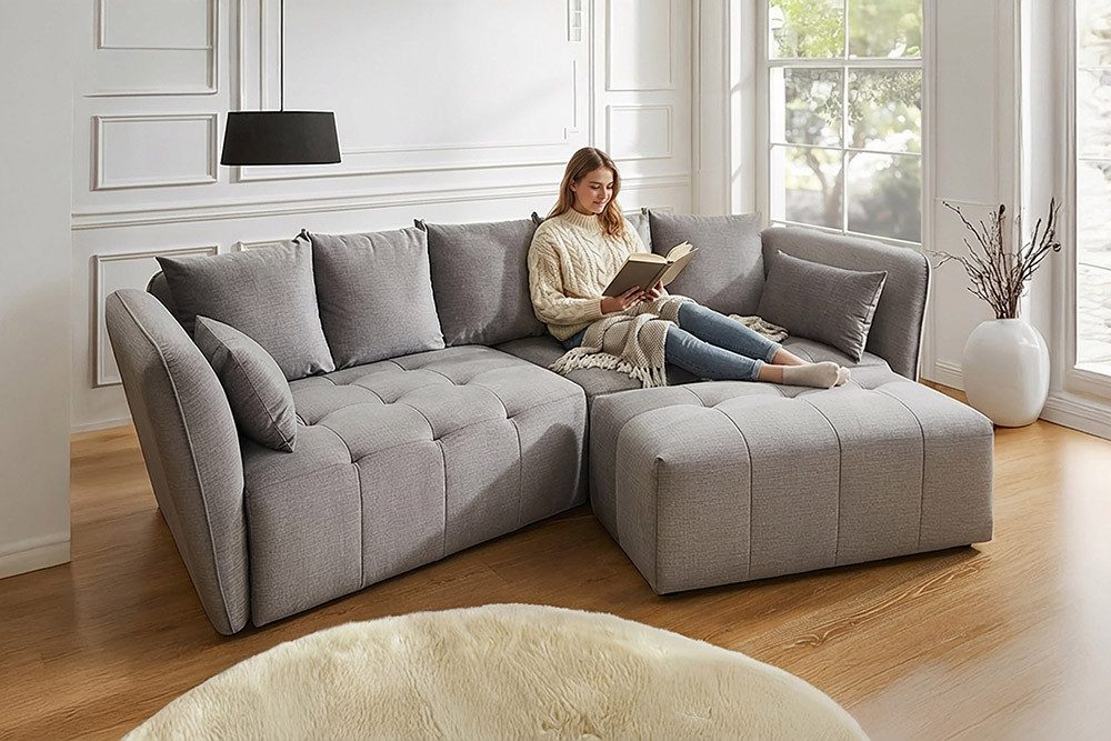riess-ambiente Big-Sofa ROYAL 295cm grau - Strickstoff, Federkernpolsterung, Nosagfederung, Einzelartikel 1 Teile, XXL-Couch mit Kissen & Rundum-Bezug