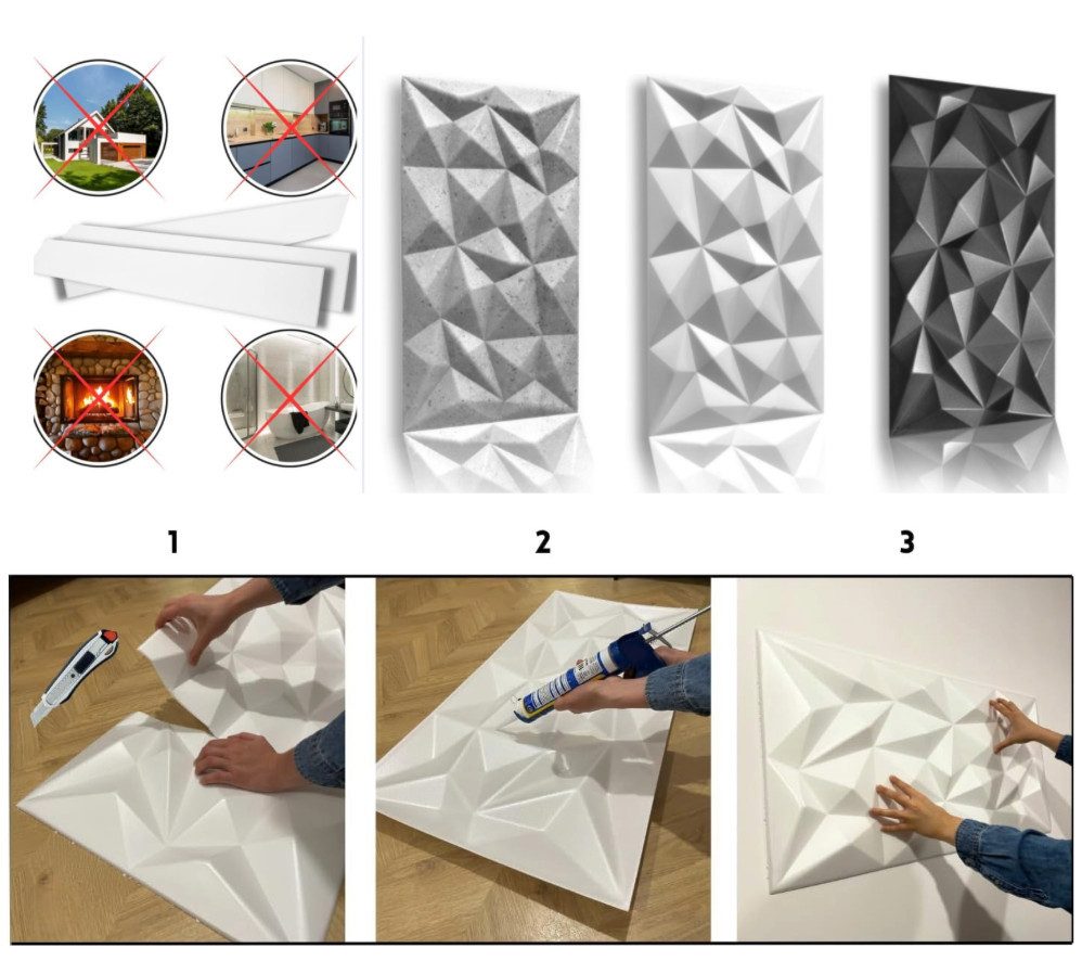 IKHEMalarka 3D Wandpaneel aus Polystyrol Styropor XPS, BxL: 50,00x100,00 cm, 0,50 qm, Paneelen für Decken & Wand 100x50cm