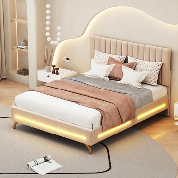 MODFU Polsterbett Funktionsbett mit LED-Leuchten und Lattenrost, Samtstoff (Doppelbett mit verstellbarem Kopfteil 140 x 200 cm), ohne Matratze