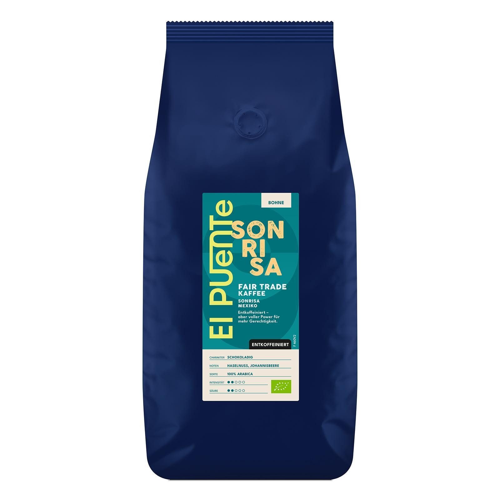 El Puente Kaffee Sonrisa - Bio-Kaffeebohnen 1 kg entkoffeiniert, Fair Trade, Vegan, Handmade
