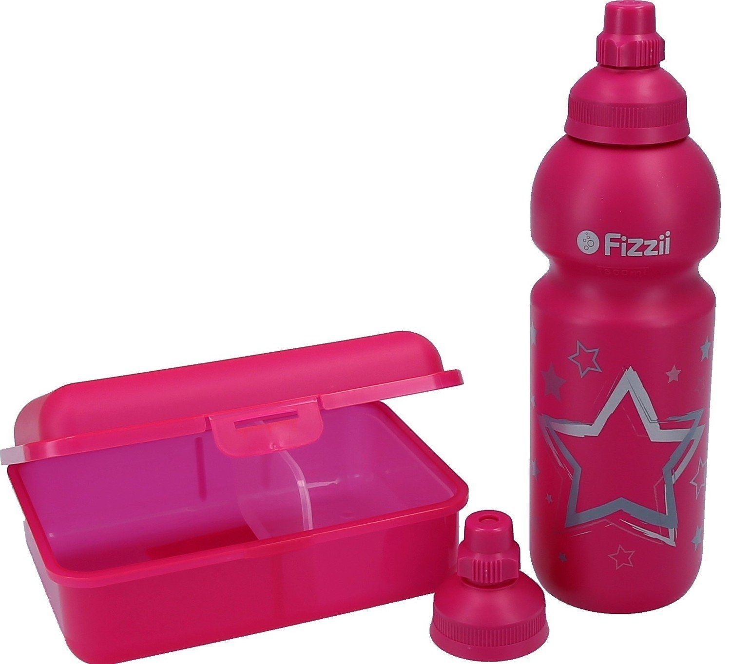 Fizzii Lunchbox Fizzii Trinkflasche 600ml und Brotdose Weltraum 3-er Set, mit Trennfach & extra Trinkverschluss Sterne