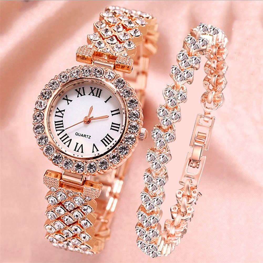 Rutaqian Quarzuhr Quarzuhr Damen Armbanduhr Set Strasssteine Uhr Geschenke Für Frauen, (set, mit Armband, mit Schmuckarmband), mit einem Strassarmband Roségold