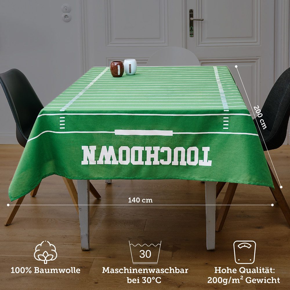 40YARDS Tischdecke American Football Tischdecke aus 100% Baumwolle im Spielfeld Design (1-tlg), Größe: 200 x 140 cm, Flächengewicht: 200g/m²