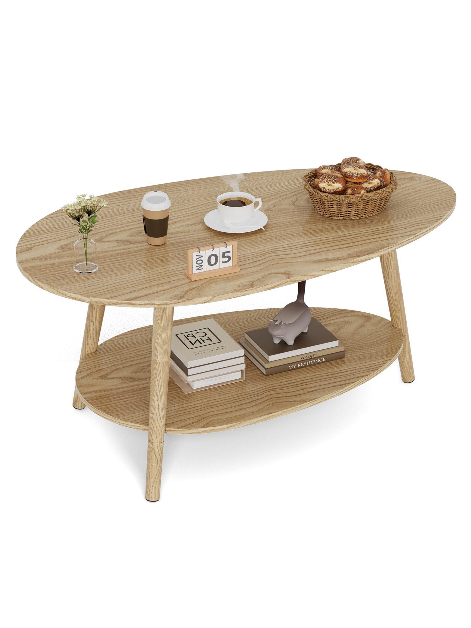 FiveWillowise Couchtisch Massivholz Teetisch mit Ovalem Doppelschicht-Design, 90x50cm (1-St), ovaler Tisch, Wohnzimmertisch