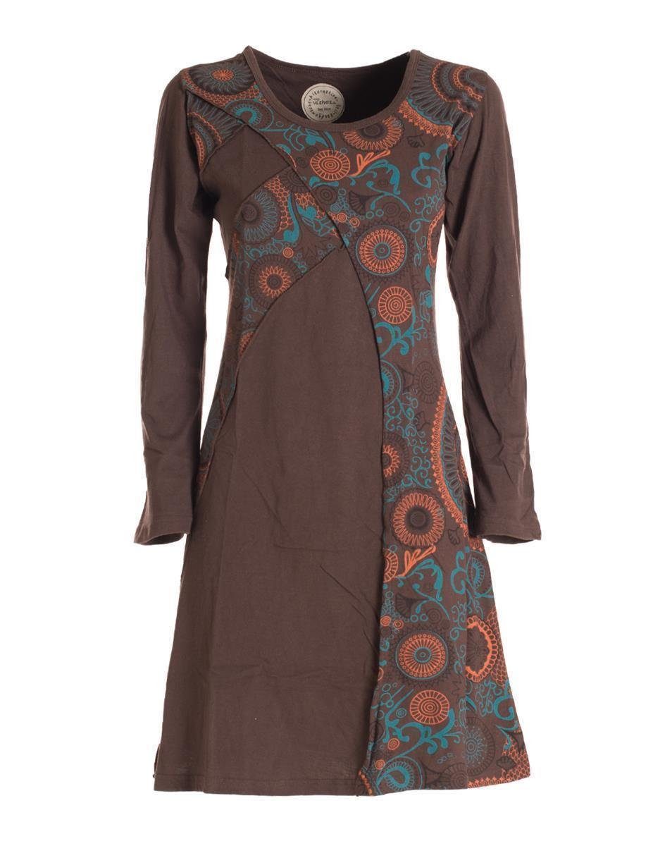 braun Kleid Vishes Ethno, Elfen Hippie, Jerseykleid Mandala Baumwollkleid Blumenkleid Damen Langarm Rundhals Style