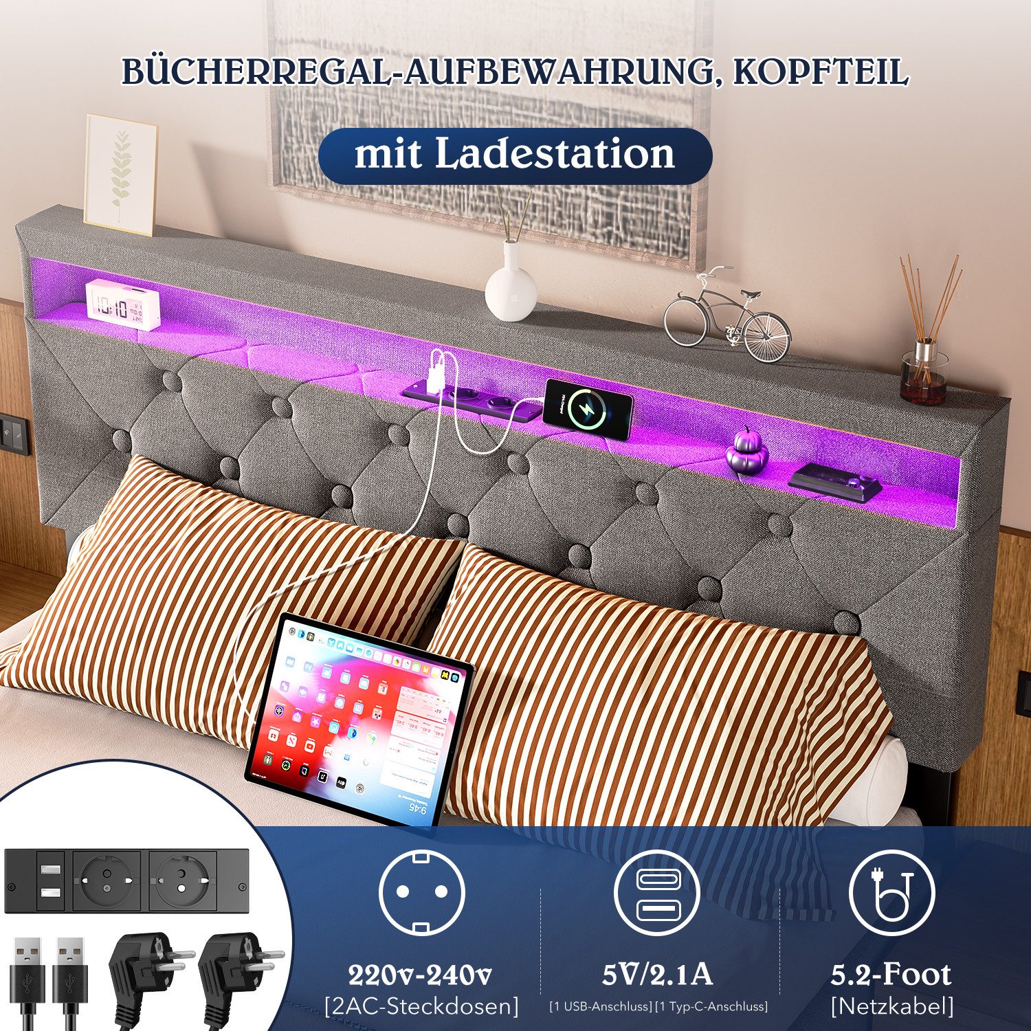 oyajia Polsterbett RGB LED Doppelbett 140x200 günstig online kaufen