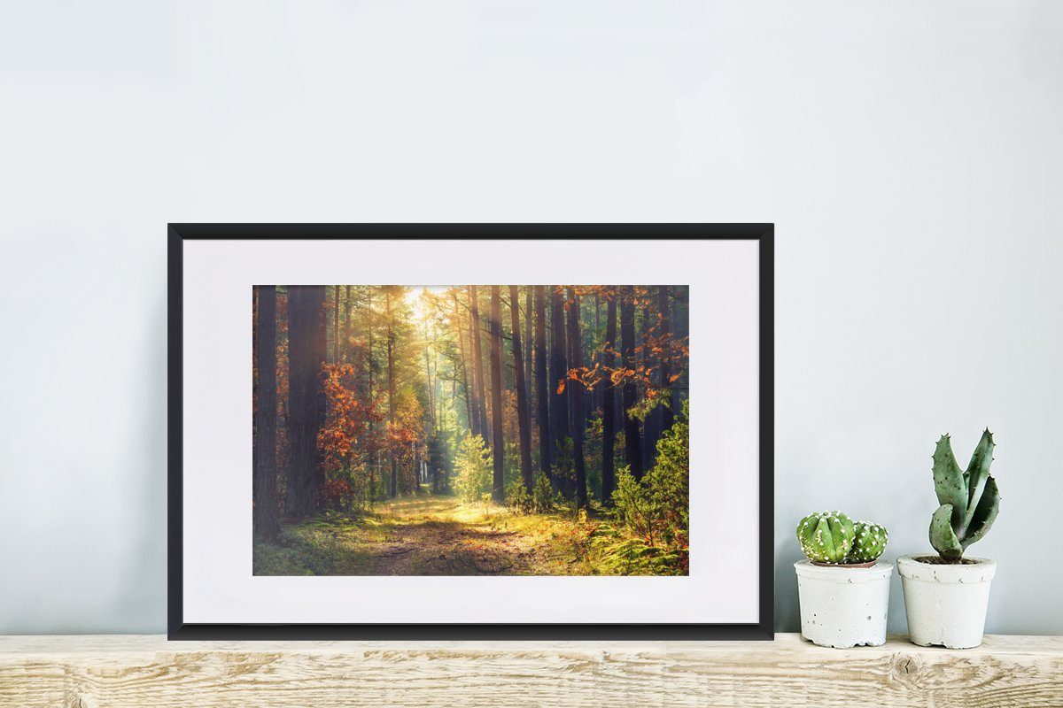 Poster, MuchoWow Poster Kunstdruck, - Gerahmtes Bäume, Herbst - (1 Rahmen, mit St), Bilderrahmen Schwarzem Wald