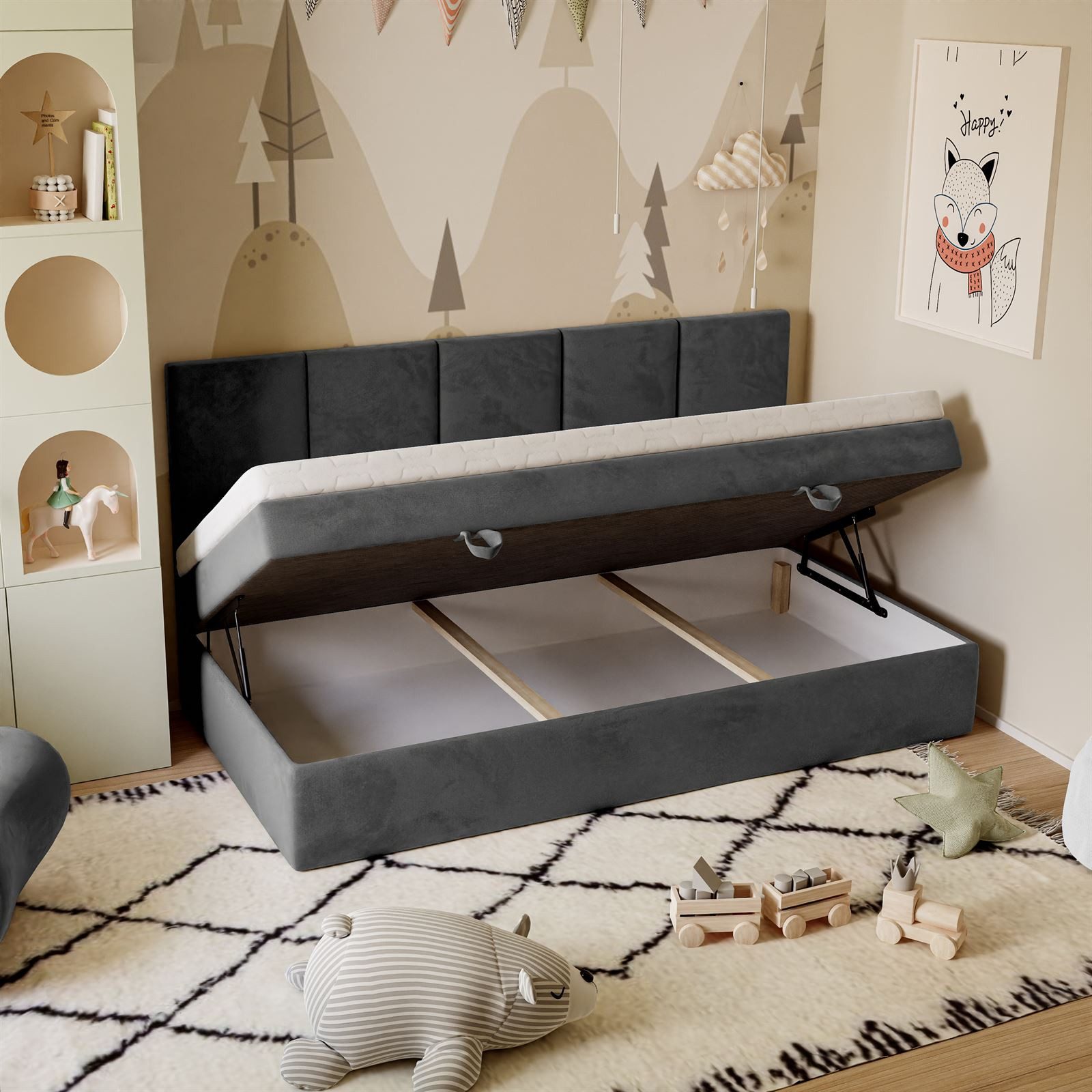 Lookway Boxspringbett Kontinental ELZA MINI mit Bettkasten und Topper, komfortabel gepolstertes, hohes Kopfteil