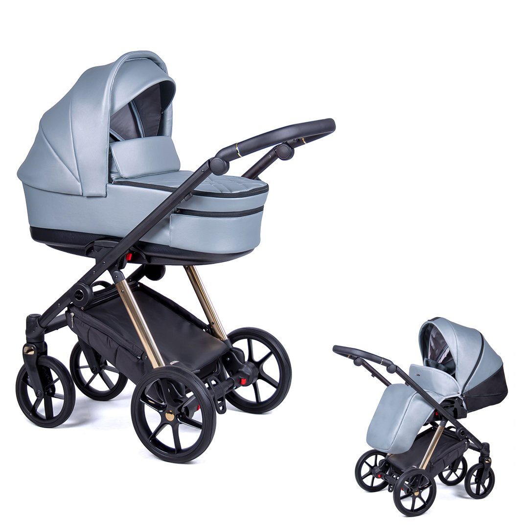 babies-on-wheels Kombi-Kinderwagen 2 in 1 Gestell Axxis Premium in Kinderwagen-Set 14 gold - Oceanblau= Designs - 12 Teile